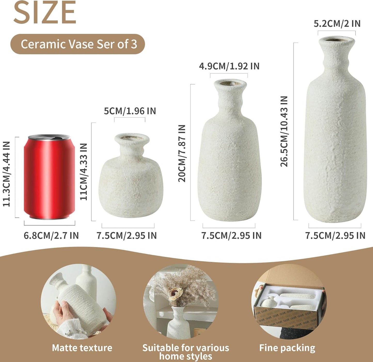 Ceramic Vase Set of 3, Neutral Rustic Vases Home Decor Farmhouse Decorative Vase Whitewashed Pottery Decor Boho Modern for Table Mantel Entryway Bookshelf Living Room Kitchen Bathroom Bedroom - White