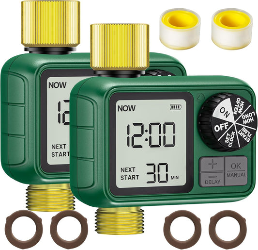 2 PCS Sprinkler Timers Brass, Programmable Water Timer with Rain Delay, Manual& Automatic Watering System for Garden Hose Faucet, Waterproof Irrigation Controller Watering Lawn Evenly& Efficiently