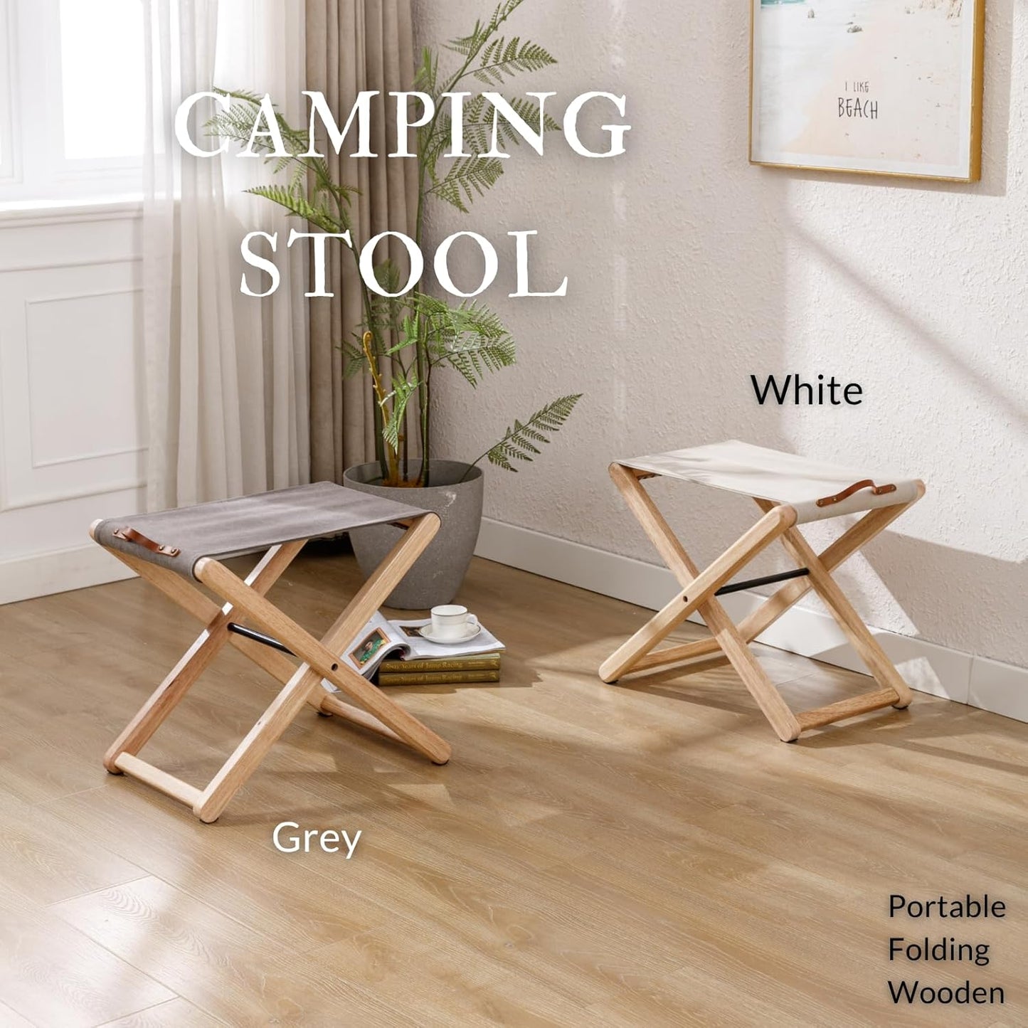 Folding Camping Stools Set of 4, Canvas Folding Stool with Wood Legs Portable Camp Stool Chairs for Outdoor Fishing Picnic Travel BBQ, Beige