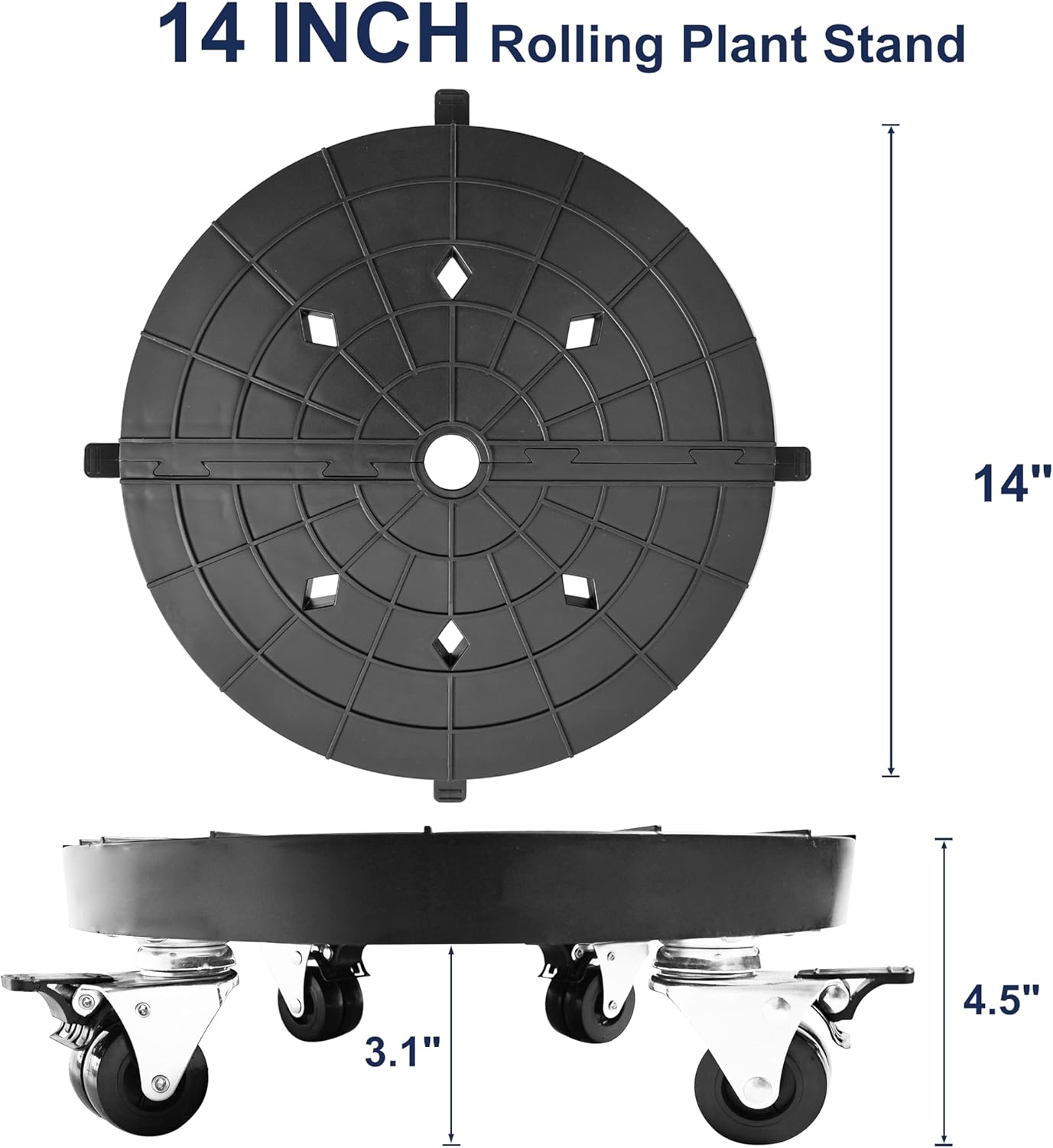 14 Inch Plant Caddy with Wheels Outdoor Indoor, Rolling Plant Stand for 400lb Heavy Duty Flower Pots, Round Plant Rollers Lockable Potted Planter Dolly, Black