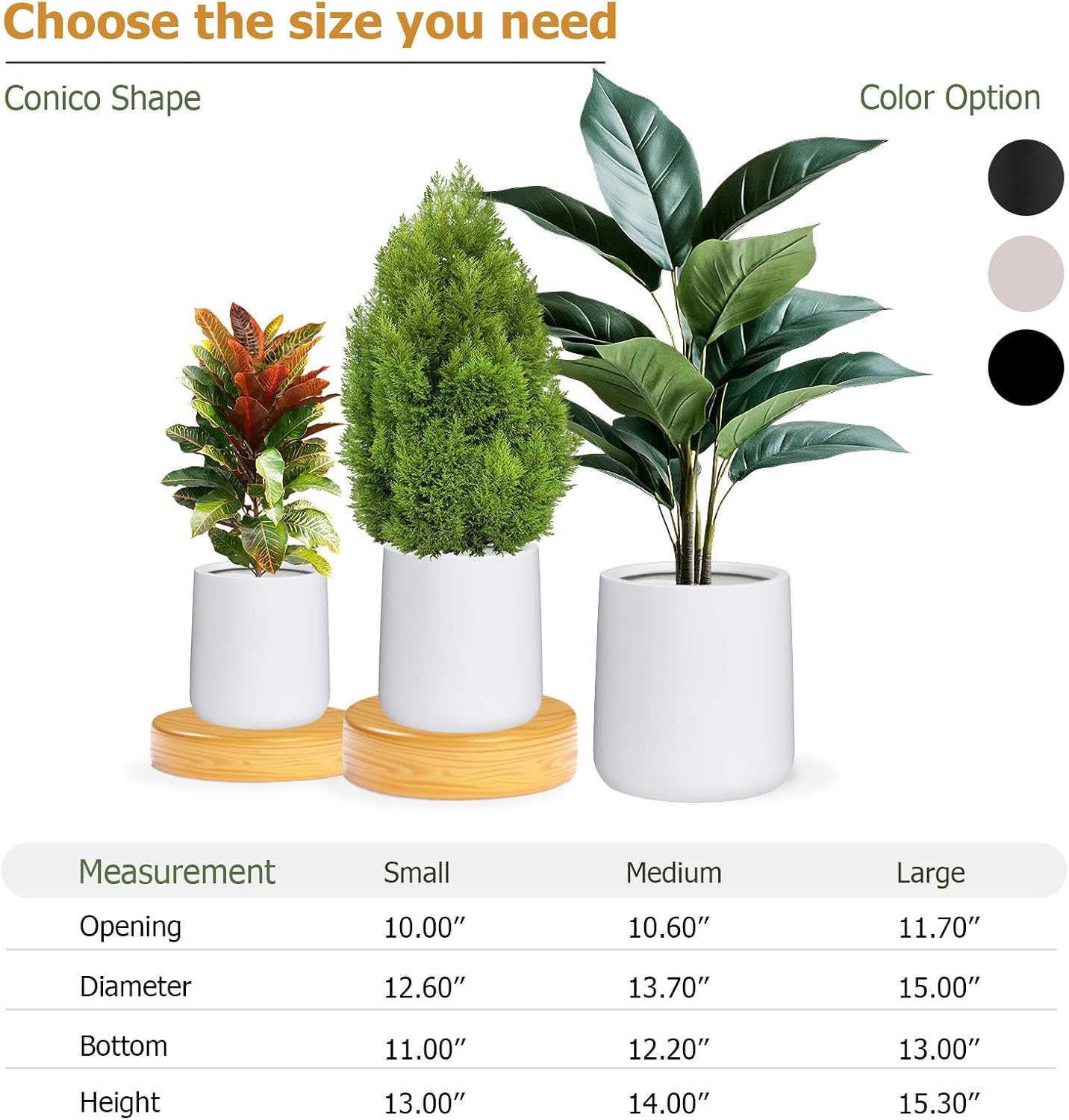 14" H x 13.7" D Conico Fiberstone Round Planter with Drainage Hole, Smooth Finishes, Weather Resistant for Indoor and Outdoor Use, Included 2 Extra Coco Mats (White, 10.6" Pot Opening)