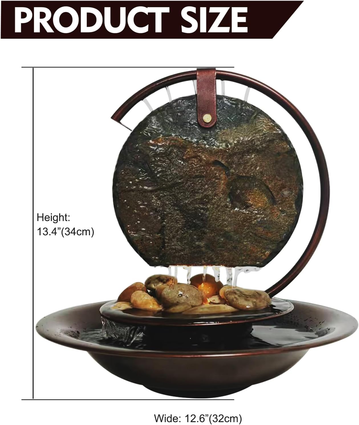 Indoor Tabletop Waterfall Moon Fountain, Home Décor Soothing Rain Sound Meditation Relaxing Fountains, Nature Slate Water Feature with Light for Room Office Desktop Decoration-13 Tall