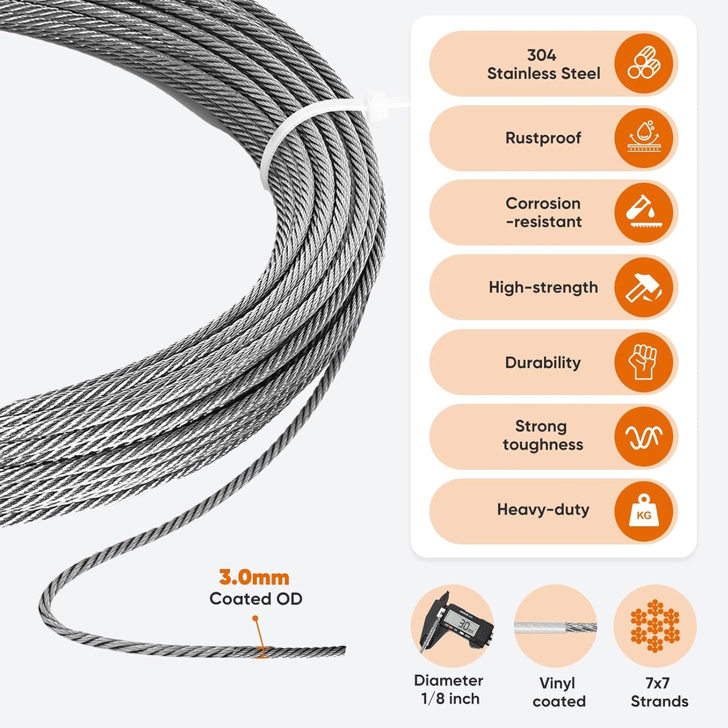 100FT 1/8" Stainless Steel Cable with Wire Rope Crimping Tool and Cable Cutter, 1760 lbs Breaking Strength, 7x7 Strands Aircraft Cable for Deck Railing, Porch Fence, String Light