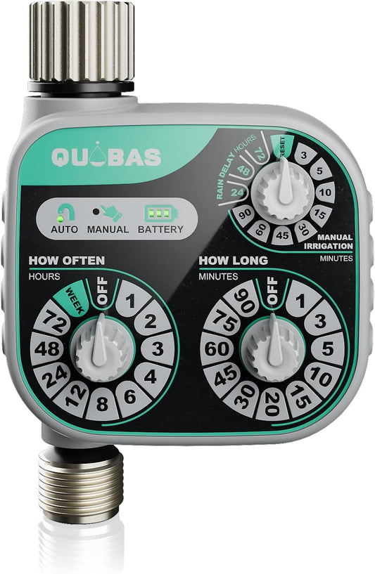 QUOBAS 3-Dial Analog Water Timer, Mechnical Control Automatic Sprinkler Timer with Manual and Rain Delay, for Garden Hose Watering, Drip Irrigation, Self-Watering System, Easy to Set Up