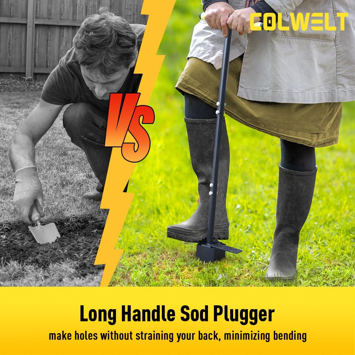 Colwelt Sod Plugger Tool 36-INCH, Grass Plug Tool 3 x 3 Square with Serrated Base, Long Handle Bulb Planter Tool with Dual Pedals & Easy Foot Ejector, Sod Turf Cutter for Lawn Planting Grass Repair