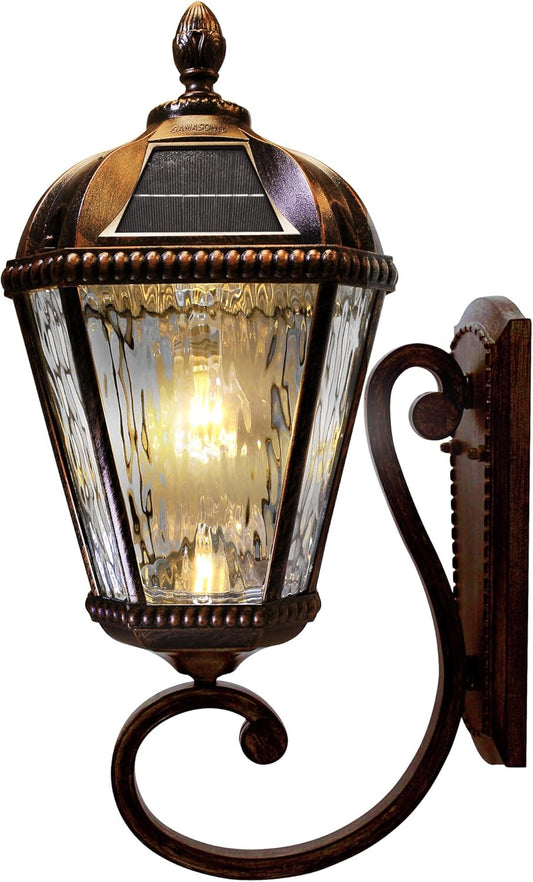 Gama Sonic Solar Outdoor Wall Light, Royal Bulb Exterior Sconce Lamp, Brushed Bronze Finish Aluminum, Clear Beveled Glass, Warm White LED, Large 21-Inch Height, 98B110 Upgraded Panel and Battery