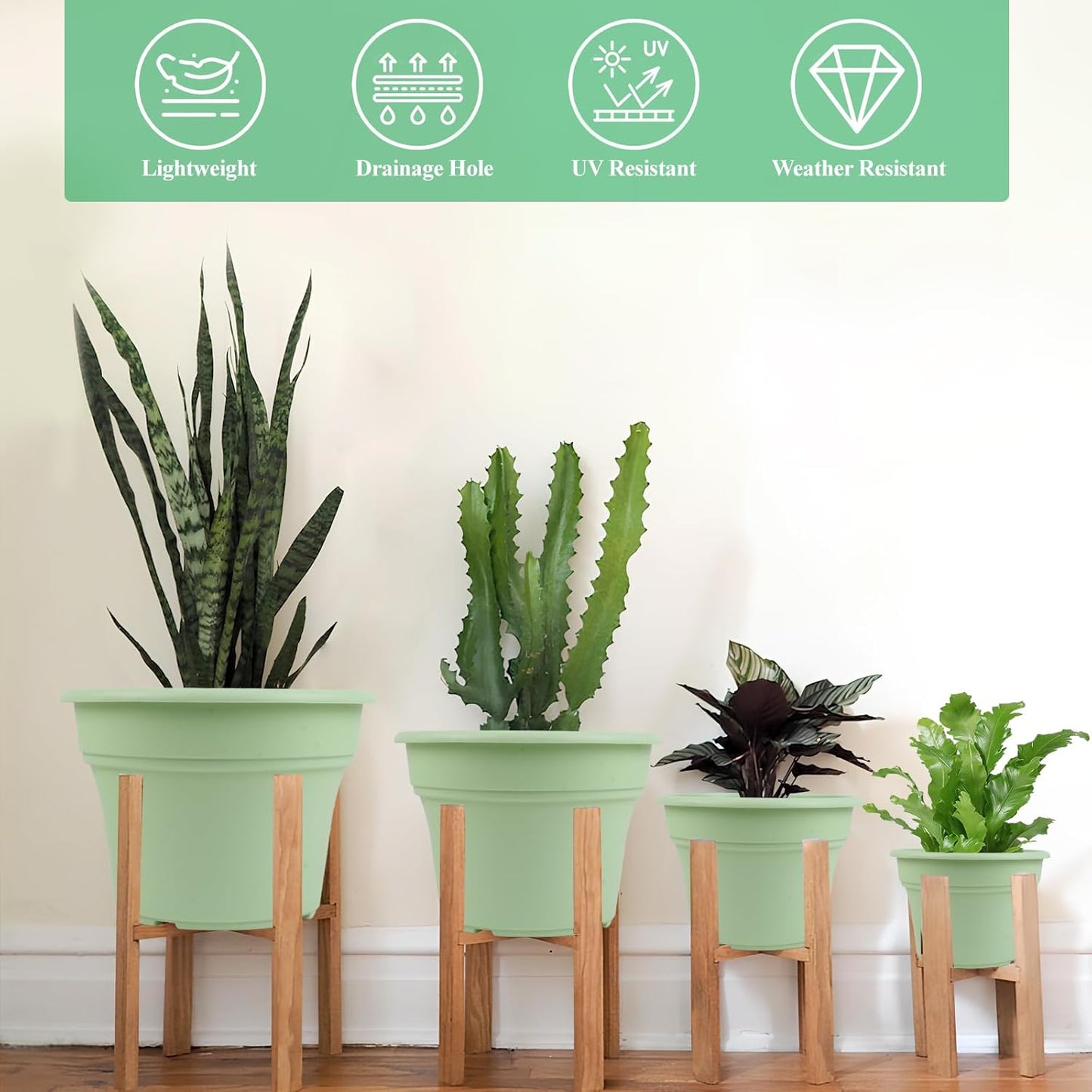 16 inch Plastic-Flower-Pot-for-Indoor-Plants, 4 Pack Large Outdoor Planter Pot with Drainage Holes & Saucers, Resin Decorative Garden Pots Planters