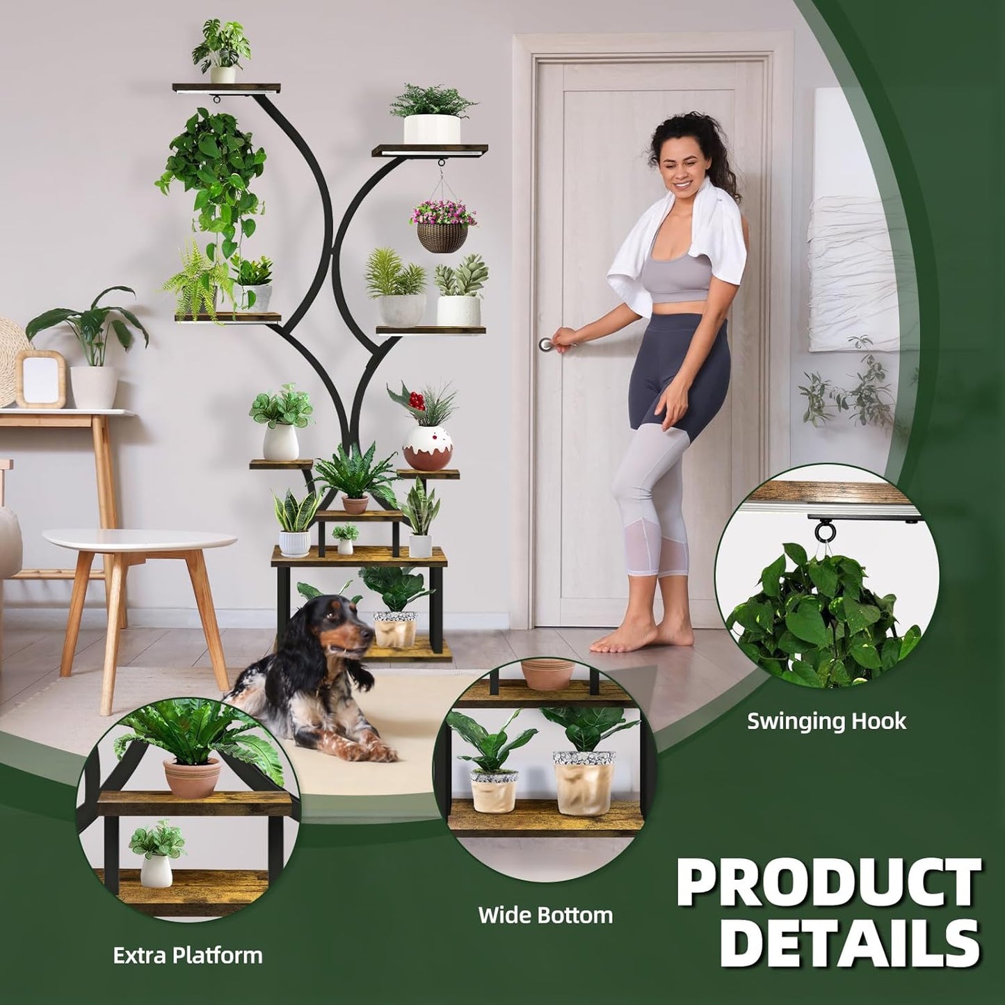 Plant Stand with Grow Lights, 9 Tiered Indoor Plant Shelf, 65” Tall Plant Holder for Indoor Plants Multiple, S-Shaped Metal Corner Plant Rack with Hanger for Home, Patio