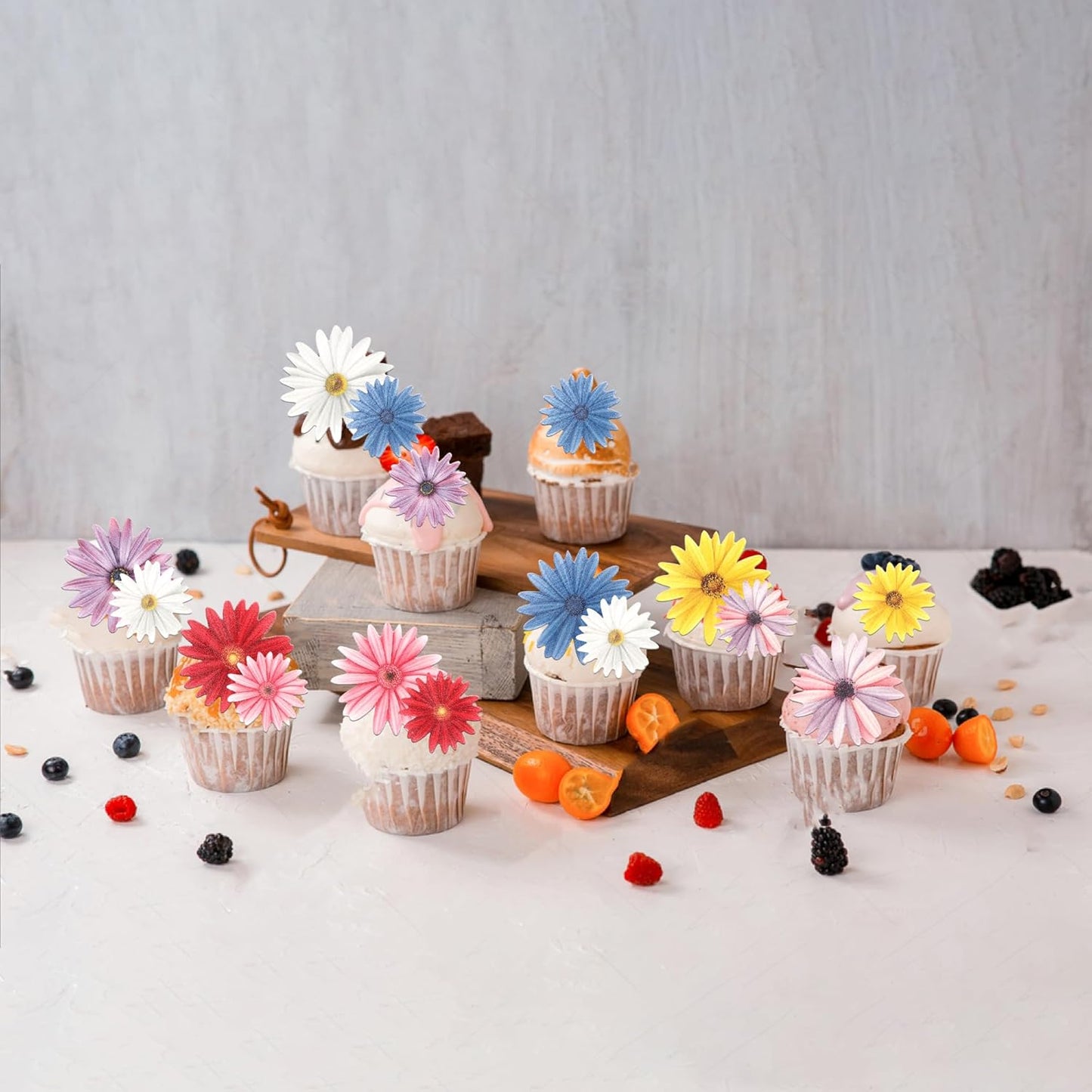 65 PCS Edible Daisy Cupcake Toppers Wafer Paper Flower Birthday Party Decorations Edible Sunflower Cupcake Picks for Baby Shower Wedding Birthday Party Cake Food Decorations Supplies Colorful