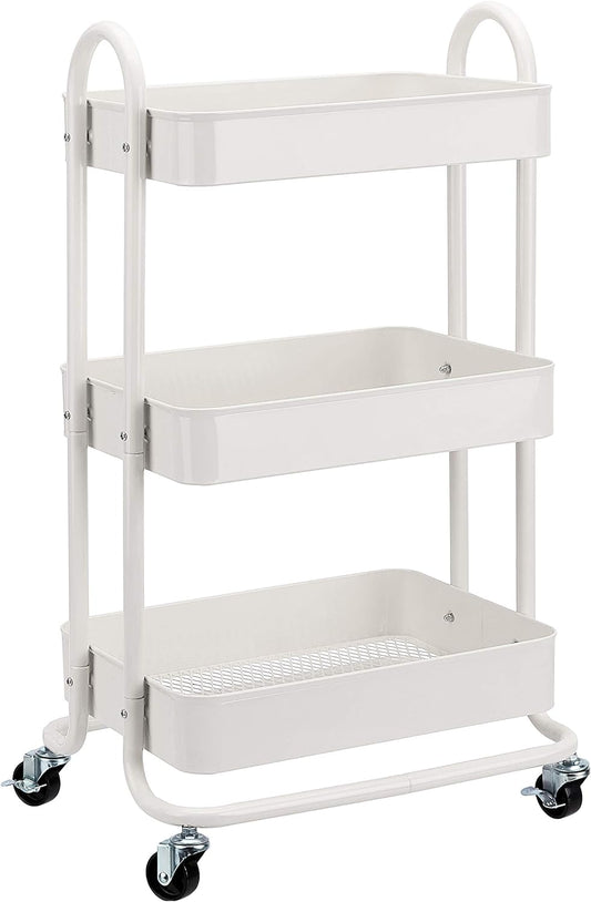 Amazon Basics 3-Tier Rolling Utility or Kitchen Cart, Lockable Wheels, Multifunctional Storage, White
