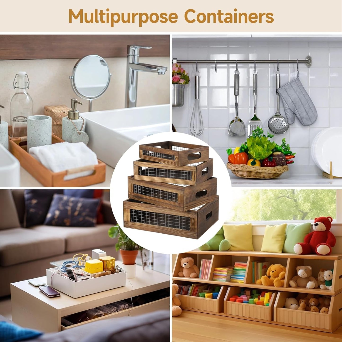 4 Pcs Wooden Nesting Countertop Baskets, 4-Size Rustic Storage Boxes, Wood Wire Containers with Handles, Multipurpose Decorative Organizer Crates for Fruits, Veggies, Kitchen, Pantry