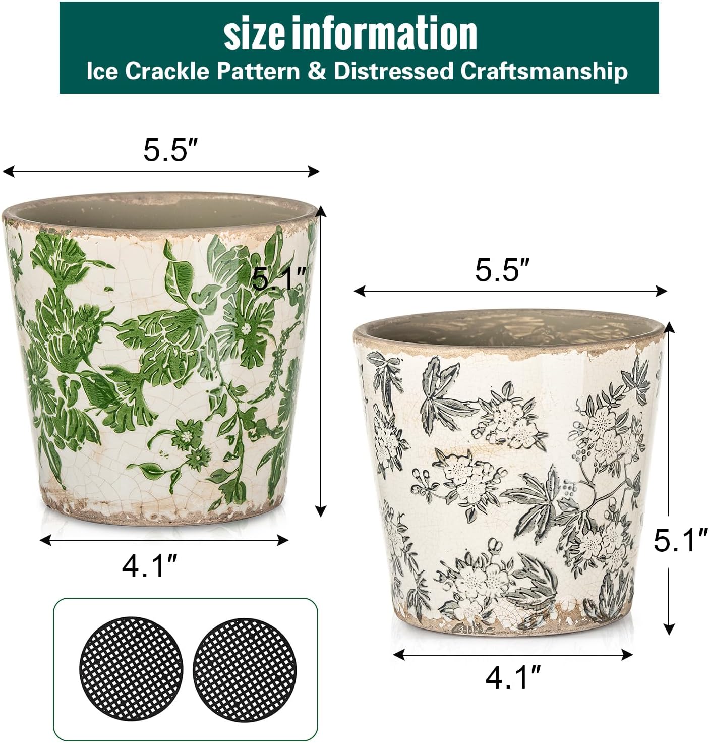 Sungmor Vintage Ceramic Plant Pots, Set of 2 Pretty Ice Cracked Glaze Ceramic Flower Pots, 5.5in. Herb Planters with Drainage Hole, Tuscan Planters for Indoor Outdoor Plants, Home Garden Decor Pot