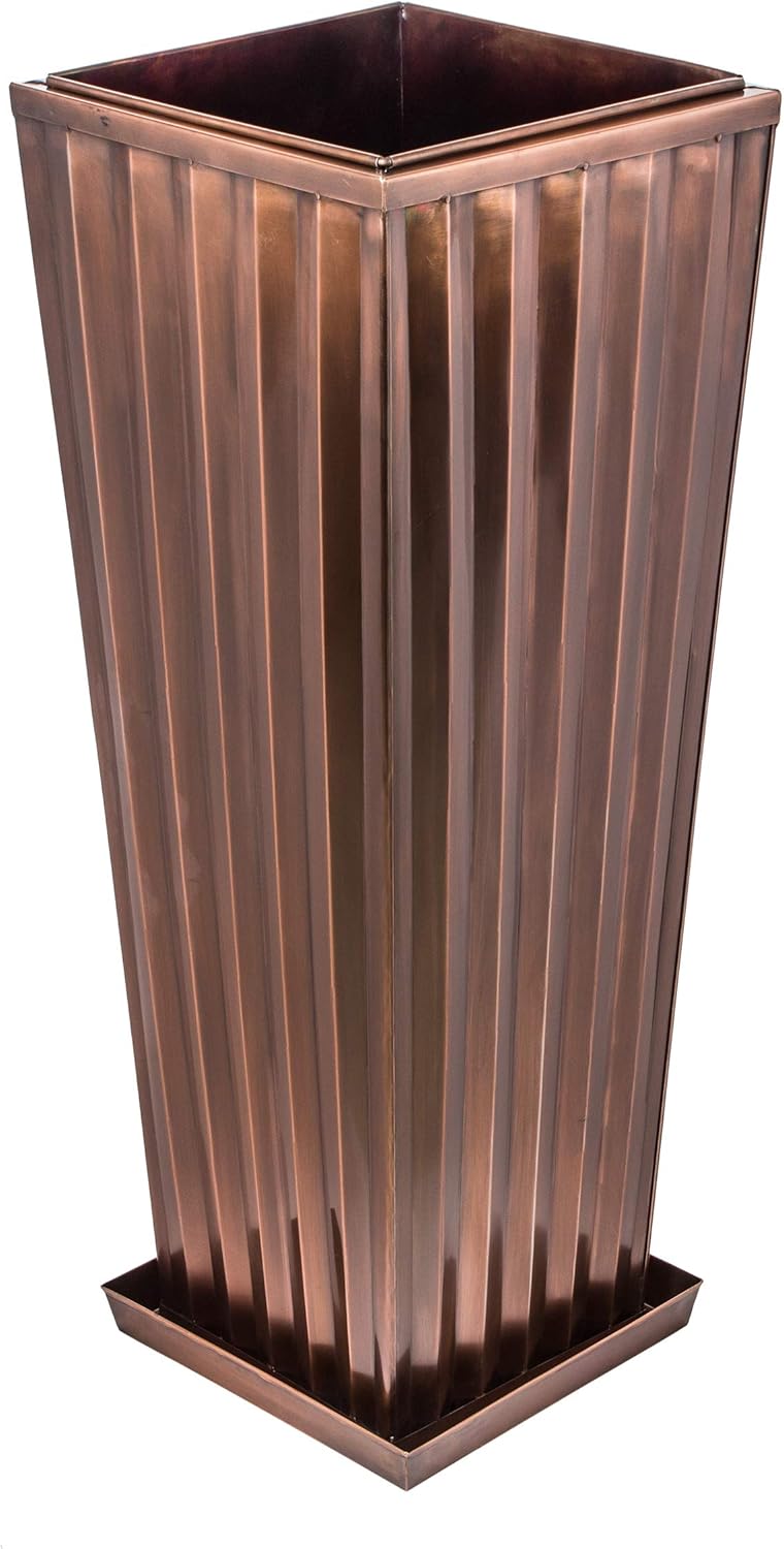 H Potter Copper Planter Tall Ribbed Outdoor Indoor Metal Planters for Patio Deck Garden 29 Inch Small Entrance Planter with Drainage Drip Tray
