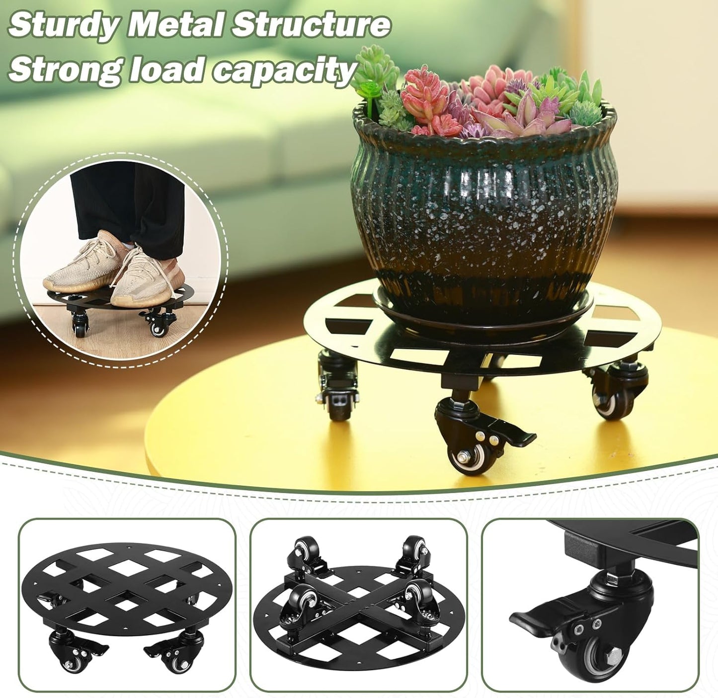 2 Packs 13.6 and 12 inches Large Metal Plant Caddy with Wheels Heavy-duty Round Plant Stands with Casters Indoor Outdoor Flower Pot Mover Roller Base Garden Dolly Coasters Black, Strong Load Capacity