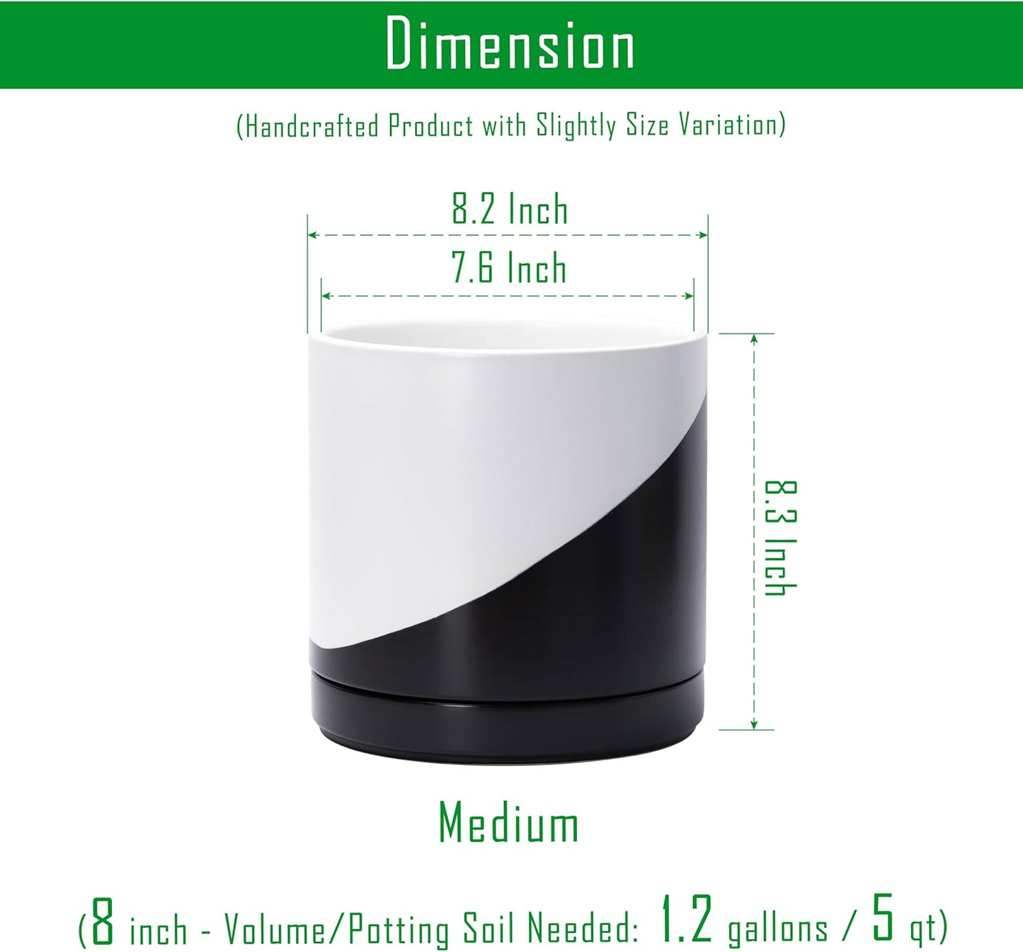 D'vine Dev 8.2 Inch Ceramic Planter Pot with Drainage Hole and Saucer, Indoor Cylinder Round Planter Pot, Oblique Monochrome Black and White, 94-O-D-K