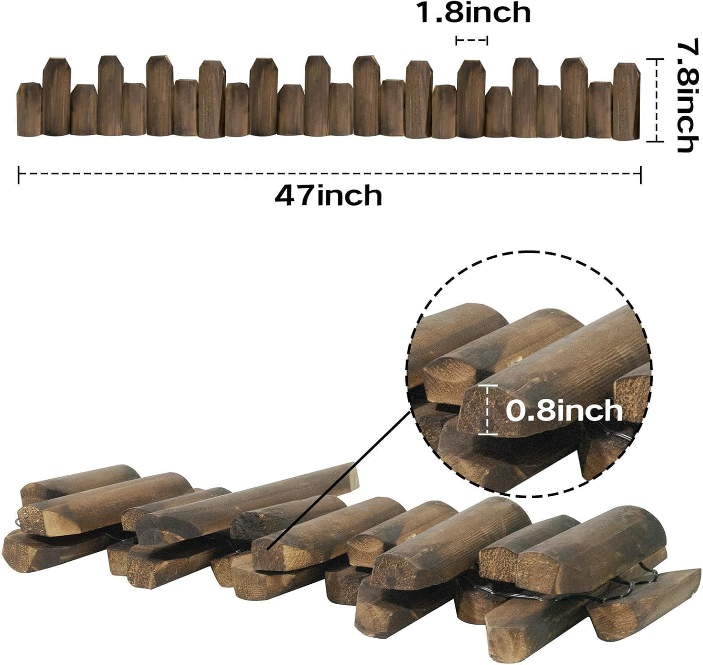 Wood Garden Edging for Landscaping – Staggered Half-Round Wooden Fence Border, Rustic Flower Bed Edging, Natural Pine, 7.9” x 4ft, Outdoor Garden Decor (2 Pack)