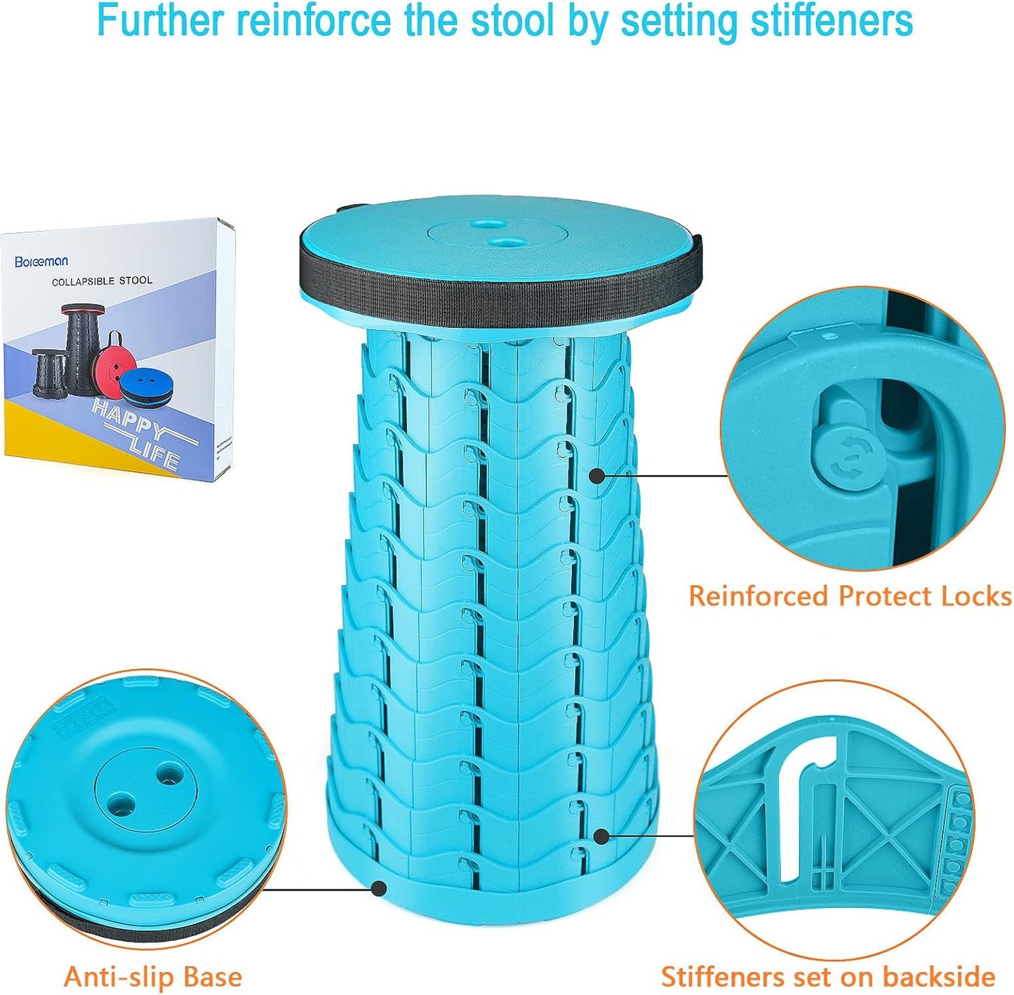 Boreeman Upgraded Folding Stool Lightweight Yet More Sturdy with Load Capacity 400lbs Portable Collapsible Stool for Camping Fishing Hiking BBQ (Light Blue)