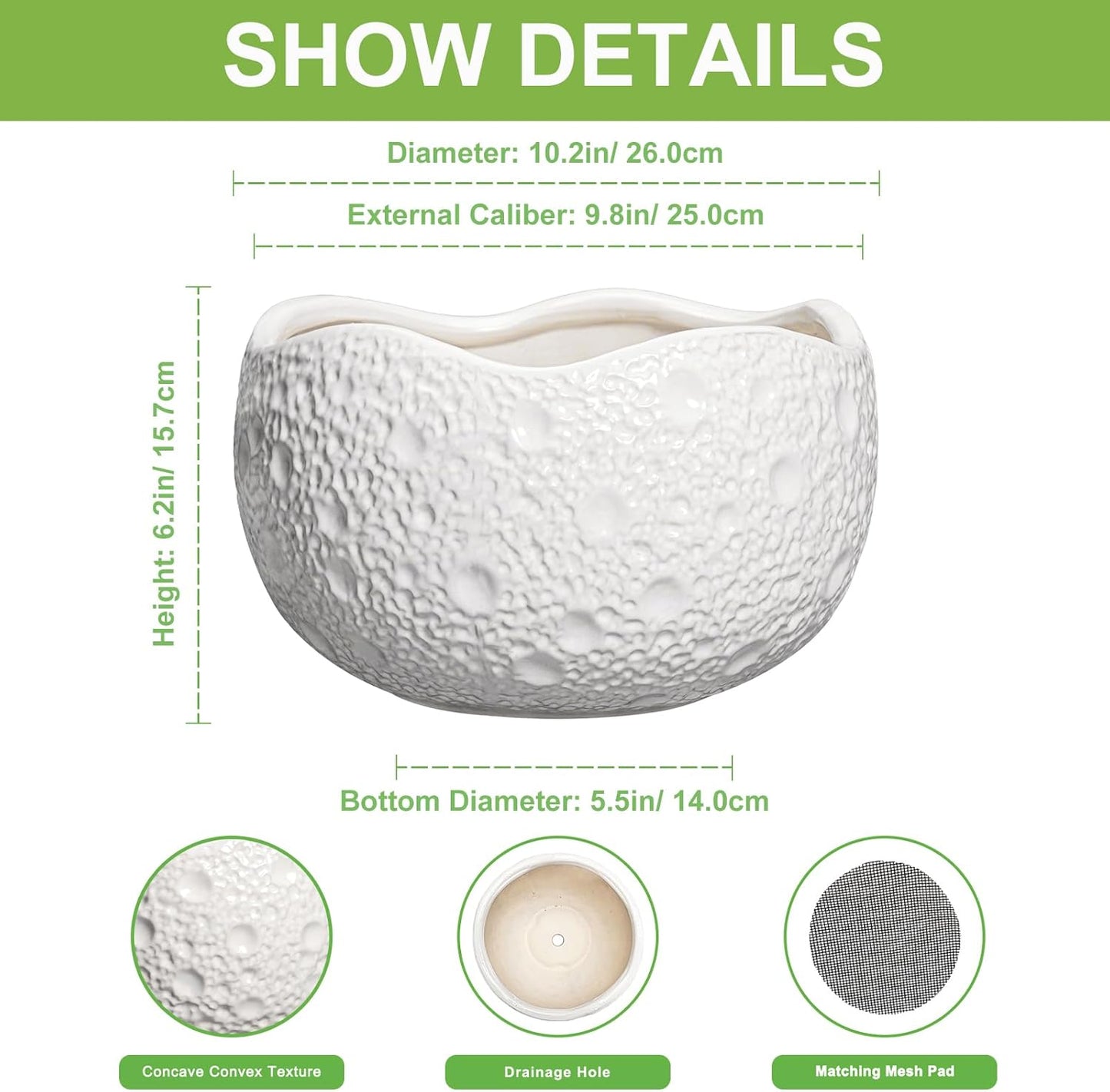 10 Inch Plant Pot - Ceramic Planter for Indoor Outdoor, Round Bonsai Pots, Decorative Flower Pots with Drainage Hole, Modern Unique Planters, House Decor, Home Gifts, White