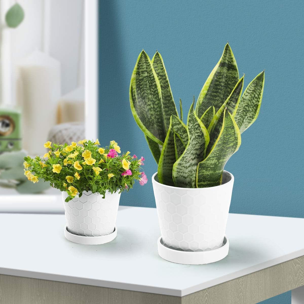 Ceramic Plant Pots,4+5+6 Inch Pots for Indoor Plants,Planters with Drainage Holes and Ceramic Tray, Indoor Flower Pots Gardening Home Desktop Office Windowsill Decoration Gift,Set of 3 (White)