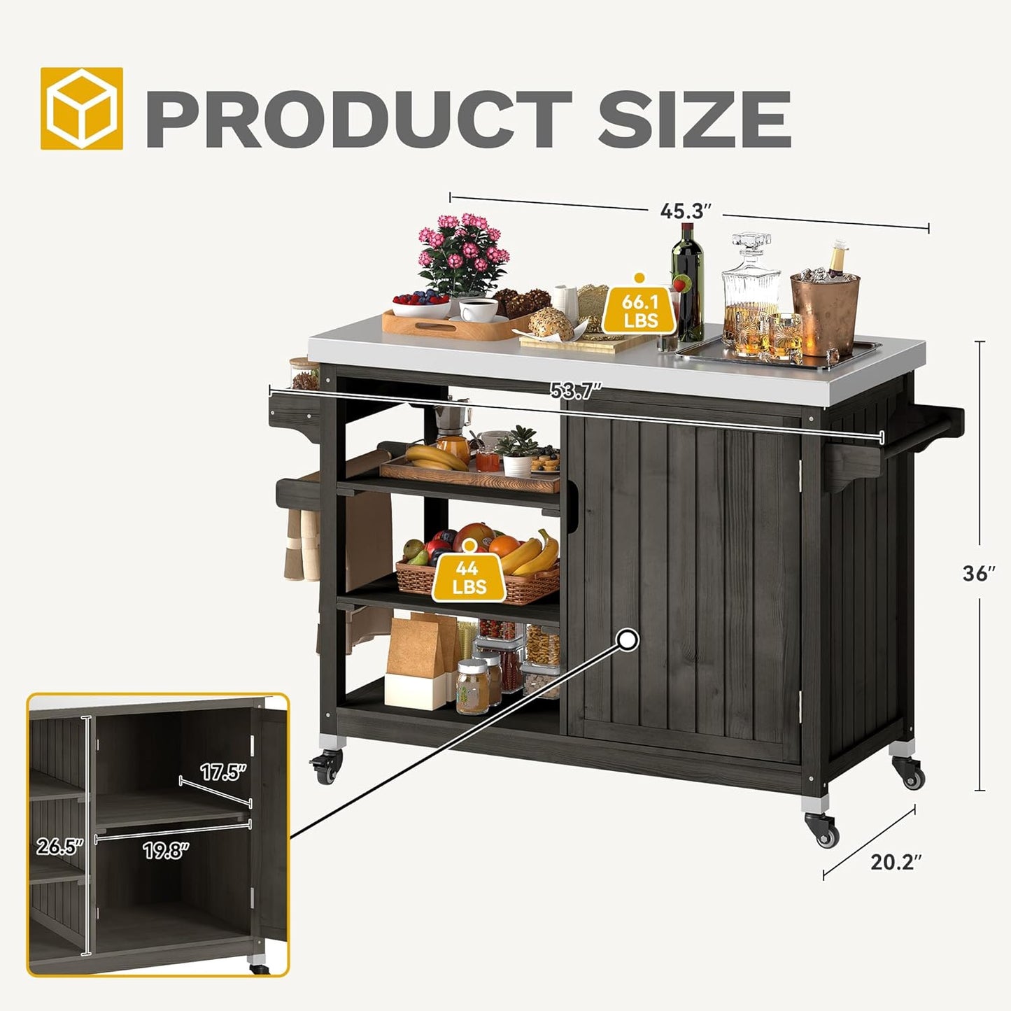 DWVO XL Outdoor Grill Table, Solid Wood Storage Table with Stainless Steel Top, Outdoor Kitchen Cart with Storage Cabinet for Patio, Kitchen Prep, Grilling Accessories, Brown