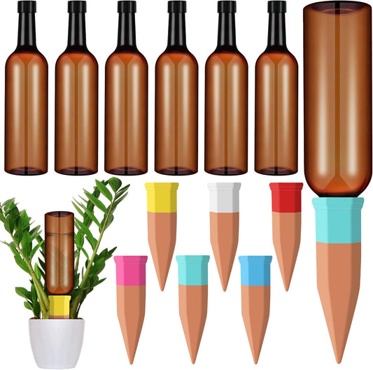 6 Sets Plant Watering Devices Include Terracotta Self Watering Spikes and 26 oz Plastic Bottles, Slow Release Vacation Insert Automatic Plant Waterer Device (Brown and Mixed Color)