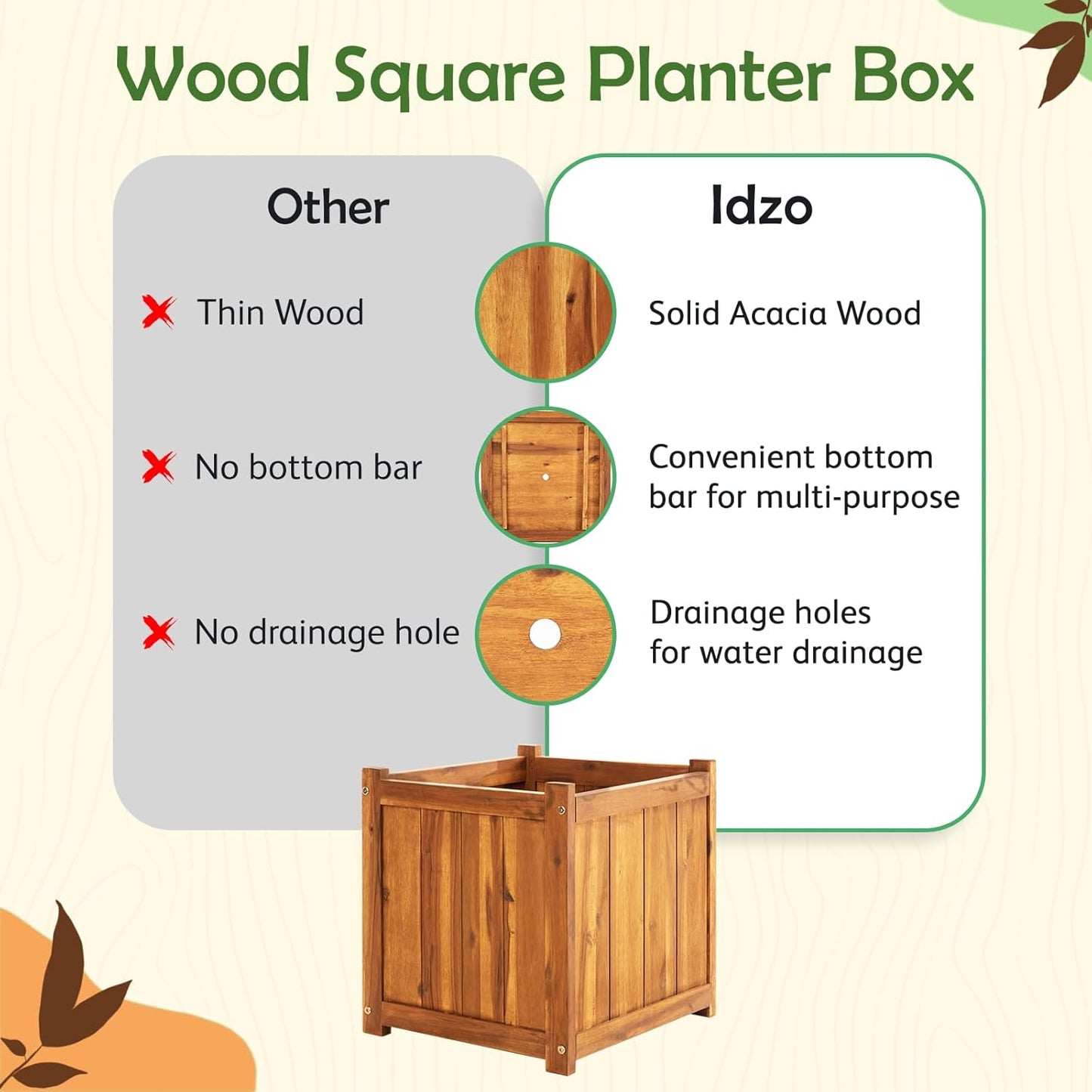 Idzo Set of 2 Hardwood Outdoor Flower Box, Durable Acacia Wood Flower Boxes for Outdoor Plants with Ergonomic Handles, Drainage Holes, Multiple Sizes Wood Bucket Planter for Home Décor