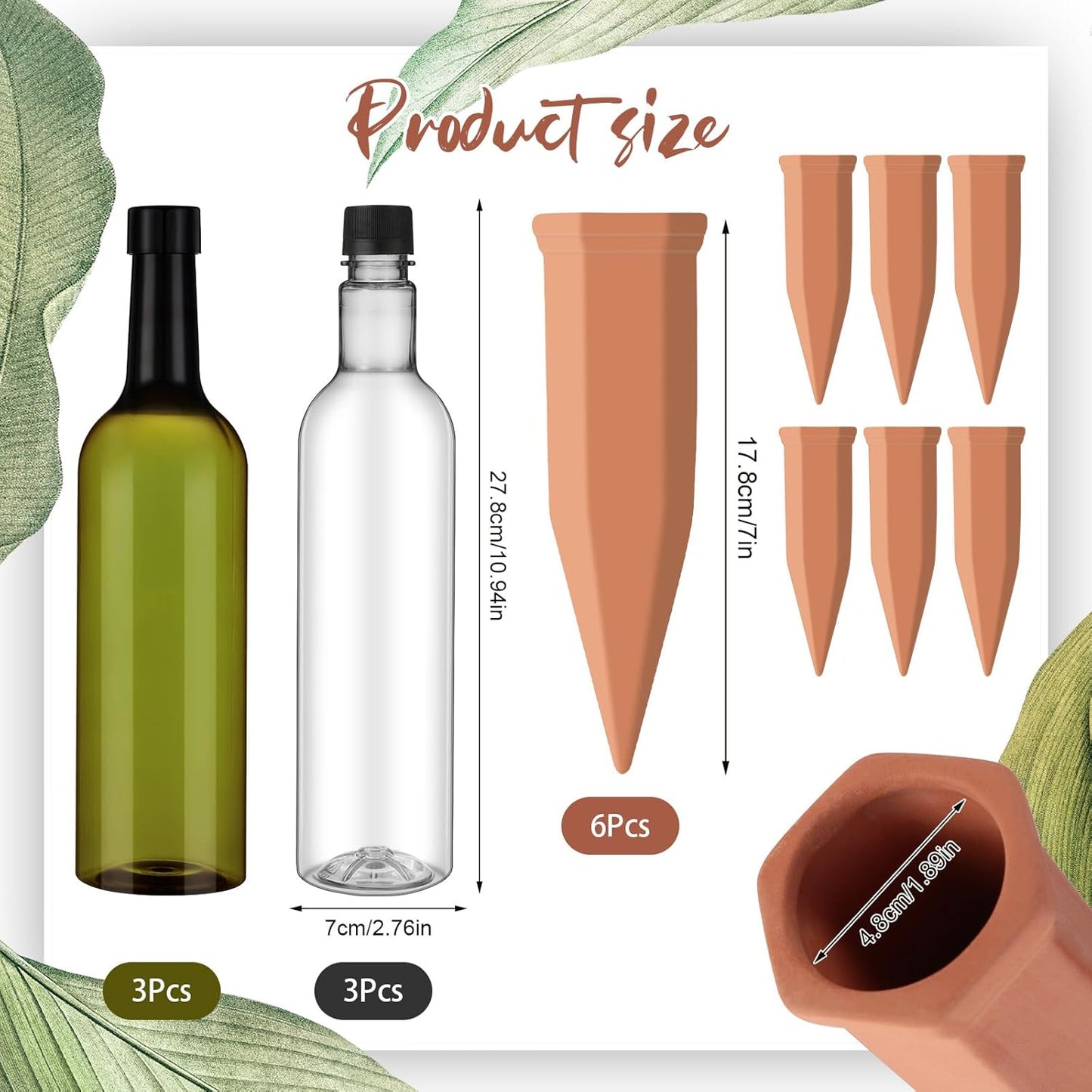 6 Sets Plant Watering Devices Include Terracotta Self Watering Spikes and 26 oz Plastic Bottles, Slow Release Vacation Insert Automatic Plant Waterer Device (Clear Green and Terracotta)