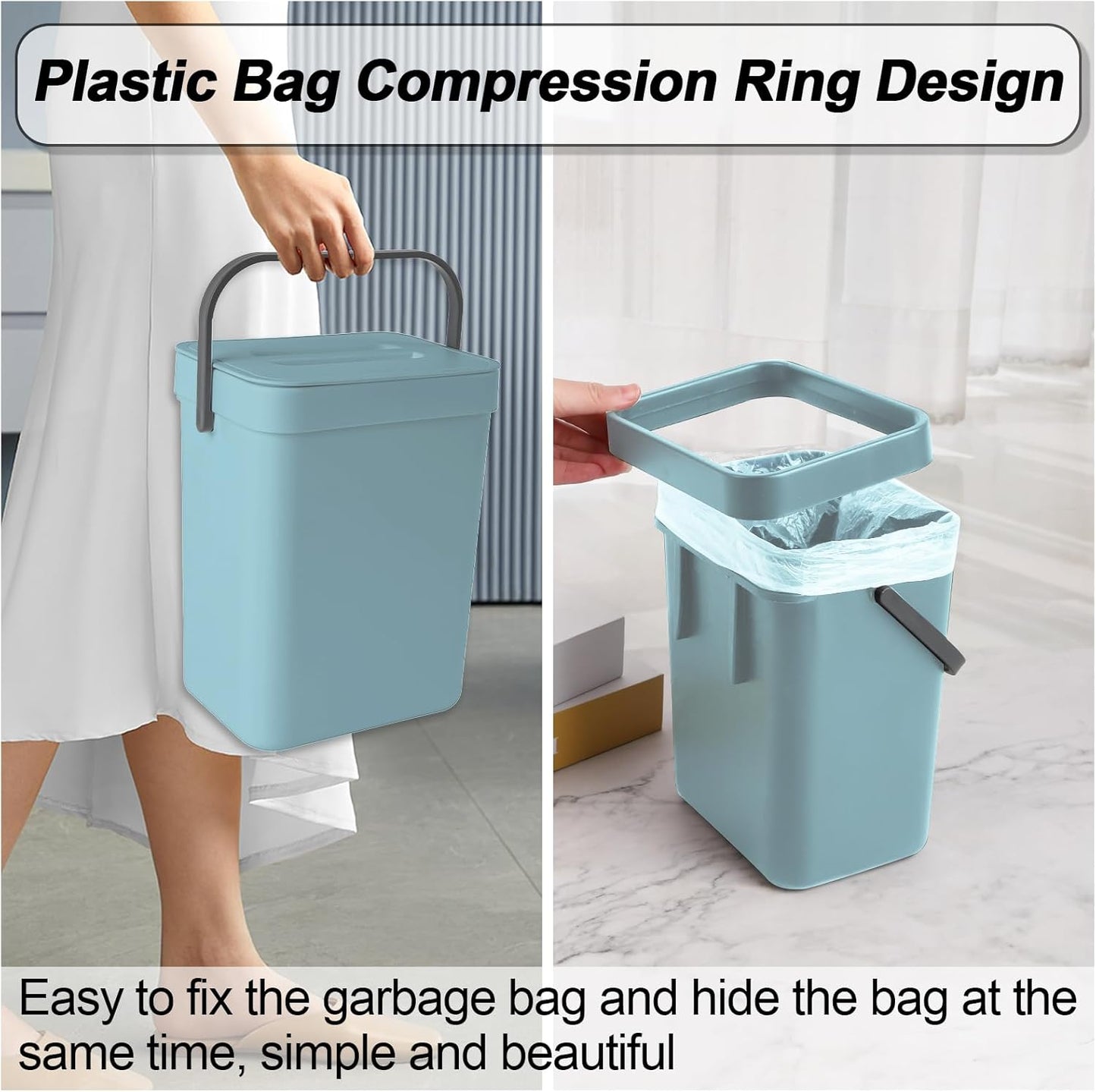 Compost Bin Kitchen, for use on Countertops or Under Sinks, Hanging Trash Can with Lid, for Cupboard/Bathroom/Bedroom/Office/Camping, Mountable Indoor Compost Bucket(Blue 0.8 Gallon/3L)