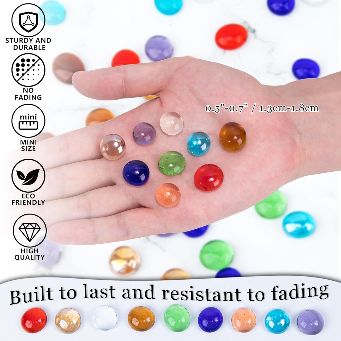 1LB Mini Glass Gems,Mixed Colour Mancala Stones Flat Bottom Marble Beads for Home Decorative Art Craft Vase Filler(0.5"~0.7")