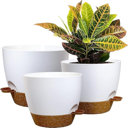 10/9/8 inch Self Watering Pots, Set of 3 Plastic Planters with Mesh Drainage Holes and Deep Reservoir for Indoor Outdoor Garden Plants and Flowers, White with Brown