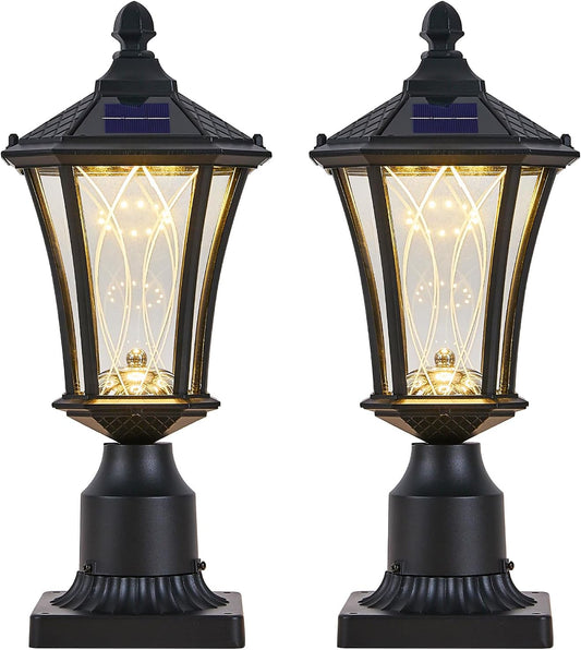 2 Pack Solar Lamp Post Lights with Pier Mount Base, Dusk to Dawn Outdoor Pillar Lights with Patterned Glass, Waterproof Exterior Pole Lamps Head for Driveway, Patio, Garden, Black