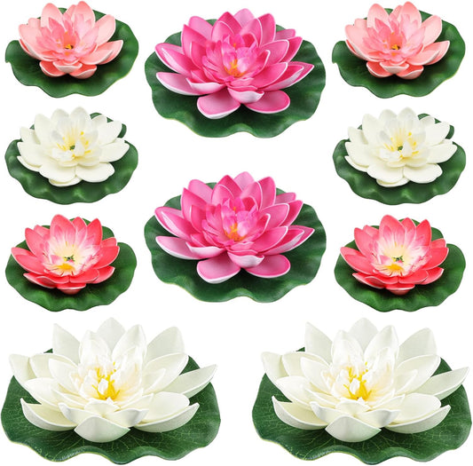 10PCS 3 Sizes Artificial Foam Lotus Floating Flowers with Water Lily Pad Ornaments for Home Garden Pond Decor Pools Water Decorations, Pink and White