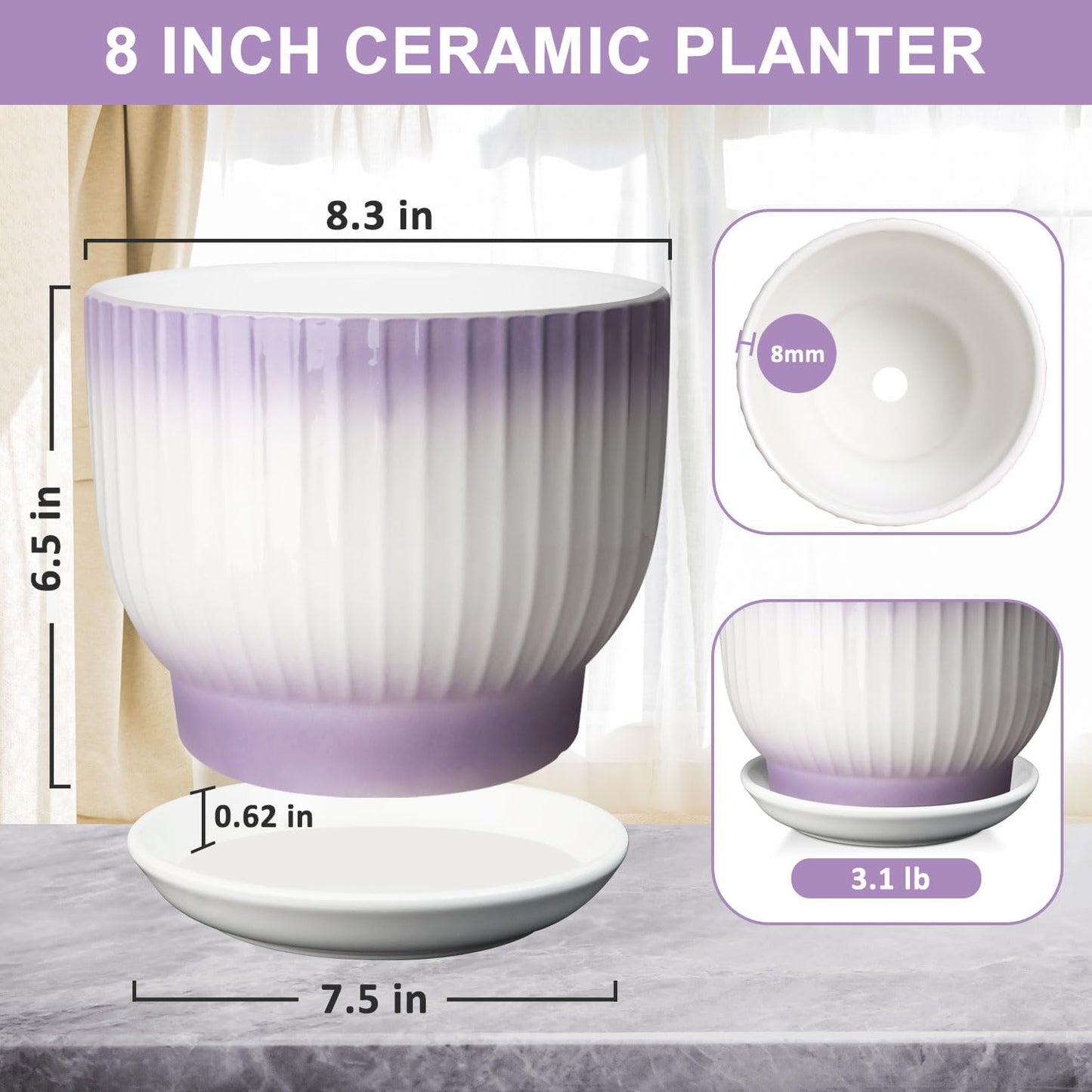8 Inch Plant Pot, Ceramic Planter with Drainage and Saucer, Ceramic Pots for Plants, Indoor Plant pots,Ceramic Flower pots(Purple + White, Plants NOT Included)