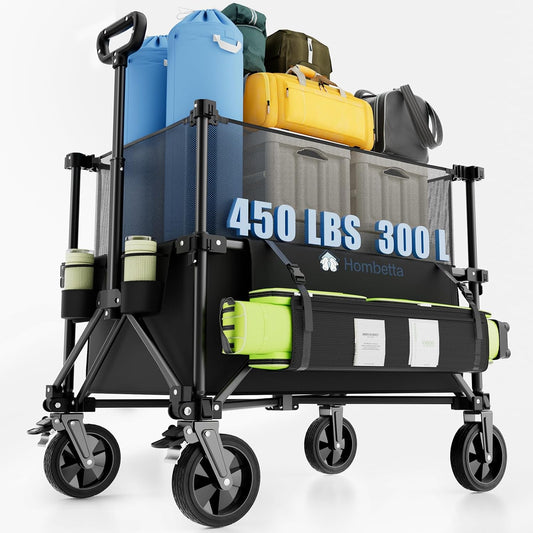 Folding Wagon Cart Foldable with Wheels, Adjustable Decker 150L-300L Capacity, All-Terrain Wheels & Brake, 450LBS Heavy Duty Collapsible Wagon for Beach, Camping, Outdoor