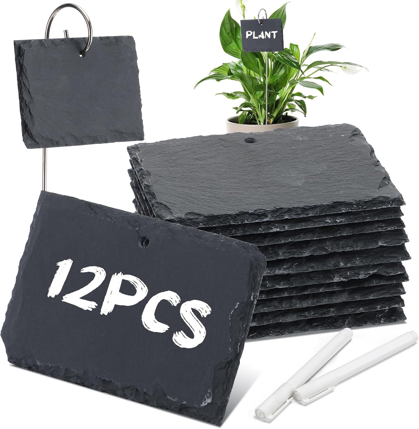 12 Sets Plant Labels Slate Plant Tags Garden Sign Marker Weatherproof Reusable Natural Slate Garden Sign Hanging Tag with Metal Stake and Pen for Outdoor Flower Vegetable(Rectangle)