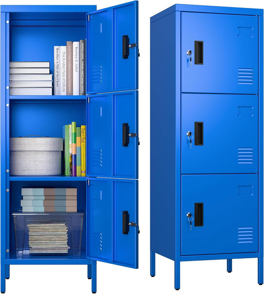 Metal Locker with Ventilation Holes, Metal Storage Cabinet with Lock and Card Slot for Home,School, Office, Garage,47.3" H x 15.8" W x 15.8" D,Assembly Required,Blue