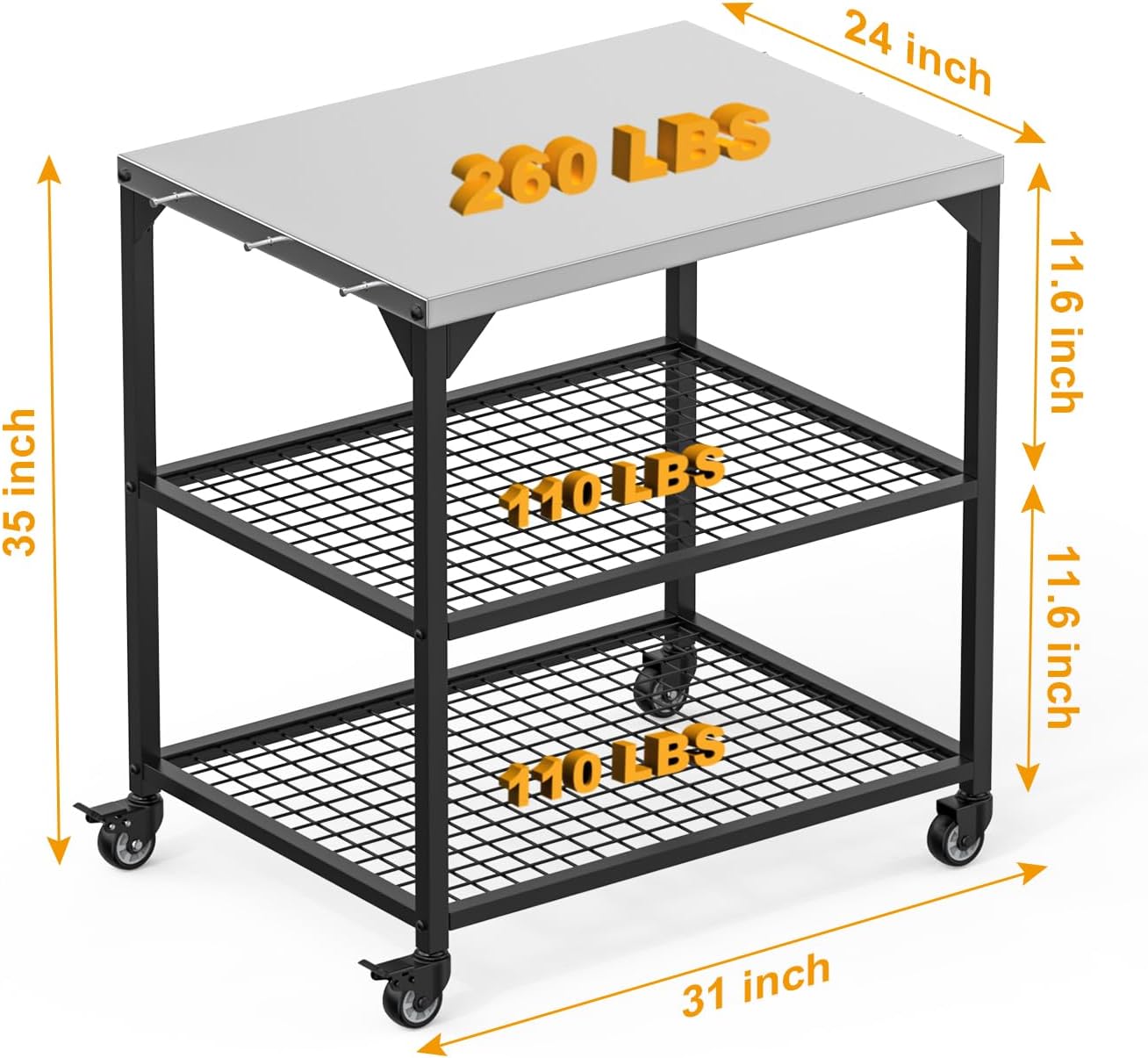 Outdoor Grill Cart,Pizza Oven Table with 4 Wheels,Three-Shelf Movable Dining Cart Table,BBQ Food Prep Work Table,Stainless Steel Flattop Grill Stand for Kitchen Backyard, with Waterproof Cover