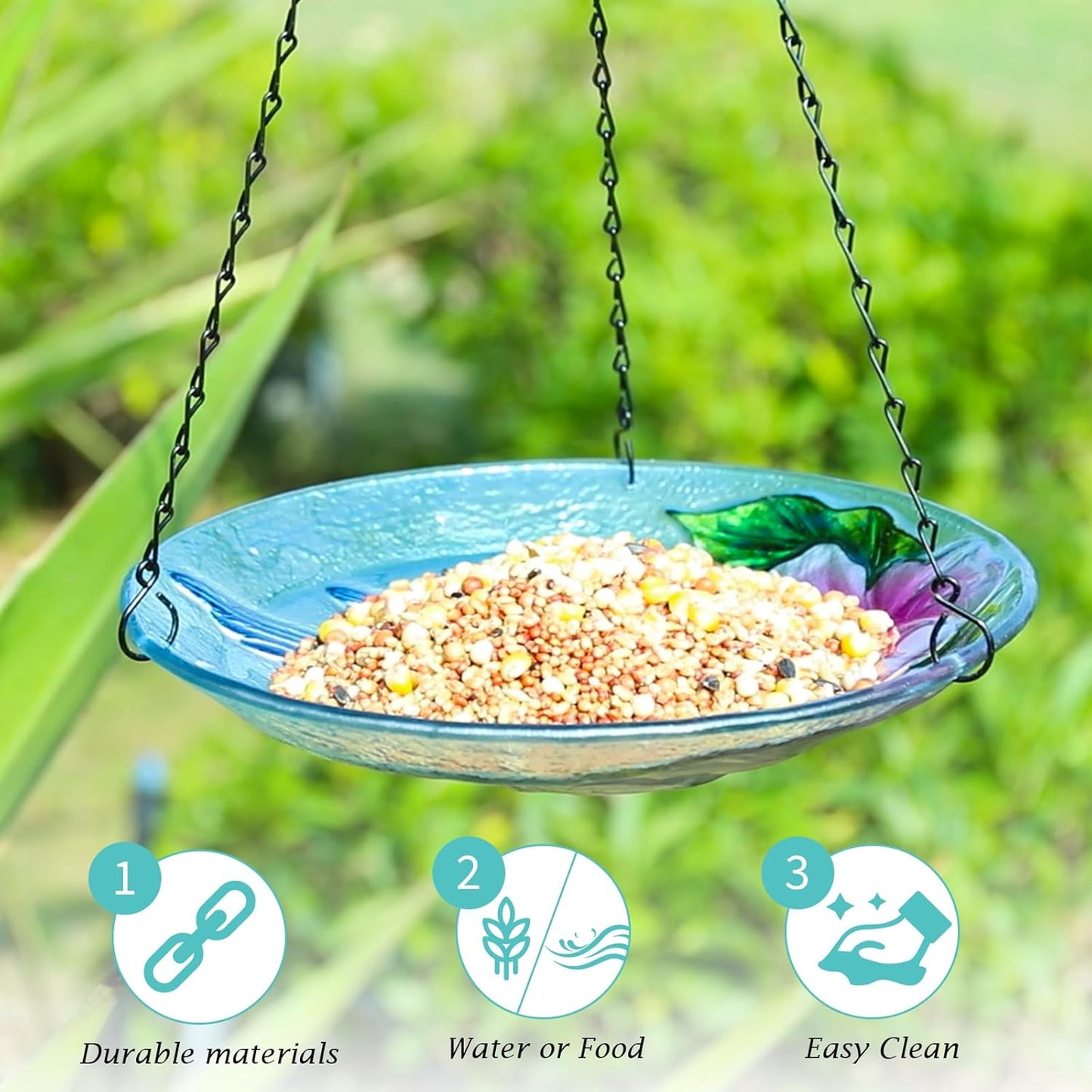 VCUTEKA Glass Hanging Bird Bath for Outdoors, BirdBaths with 21-Inch Rust-Proof Chain, Garden Yard Decor, Hummingbird Pattern