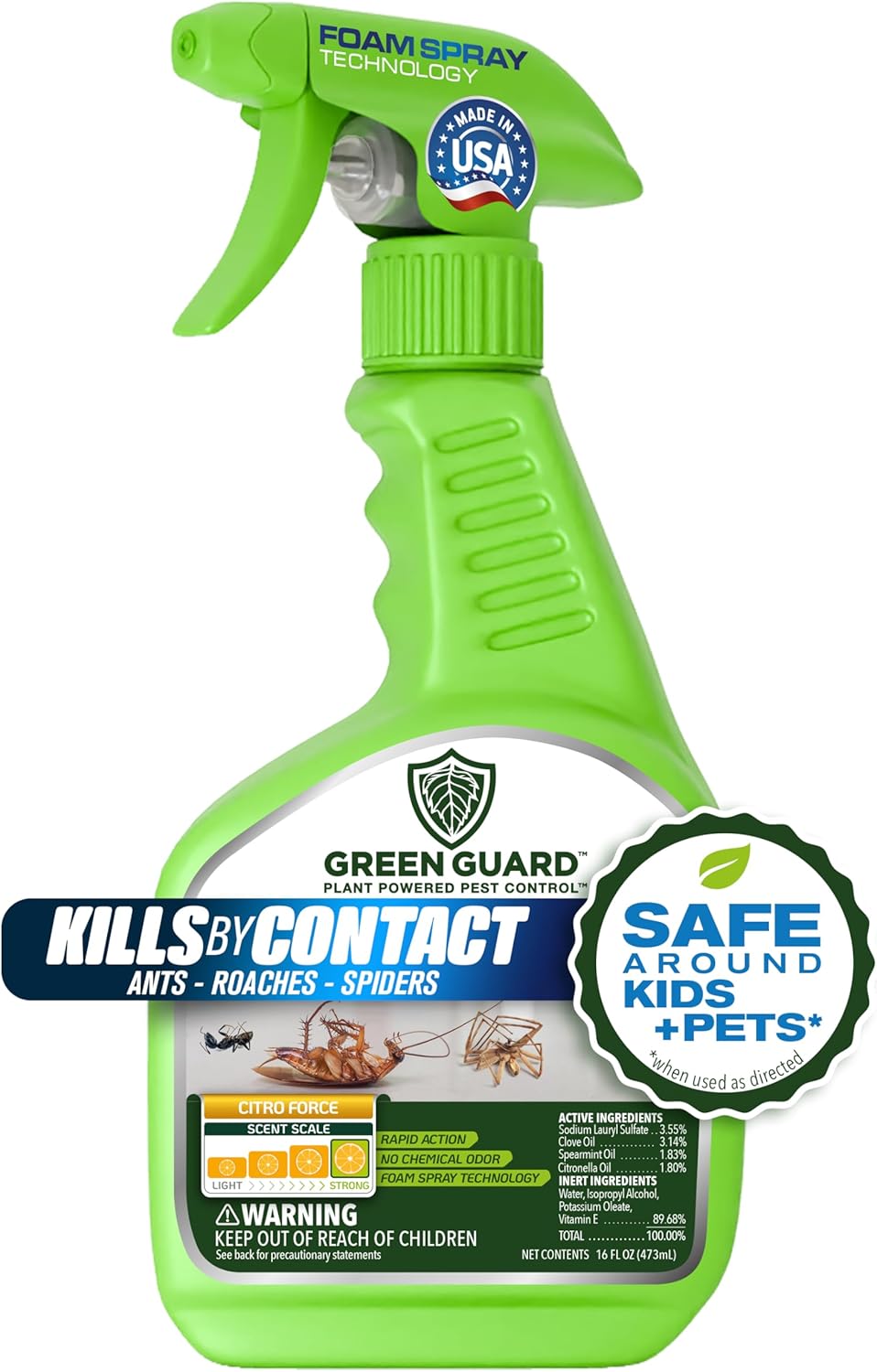 Green Guard Pest Control Spray - Indoor & Outdoor Killer of Ants, Roaches, Spiders & Other Crawling Insects, Safe Around Children & Pets, Plant-Based, Pleasant Scent (Citro Force, 16oz)