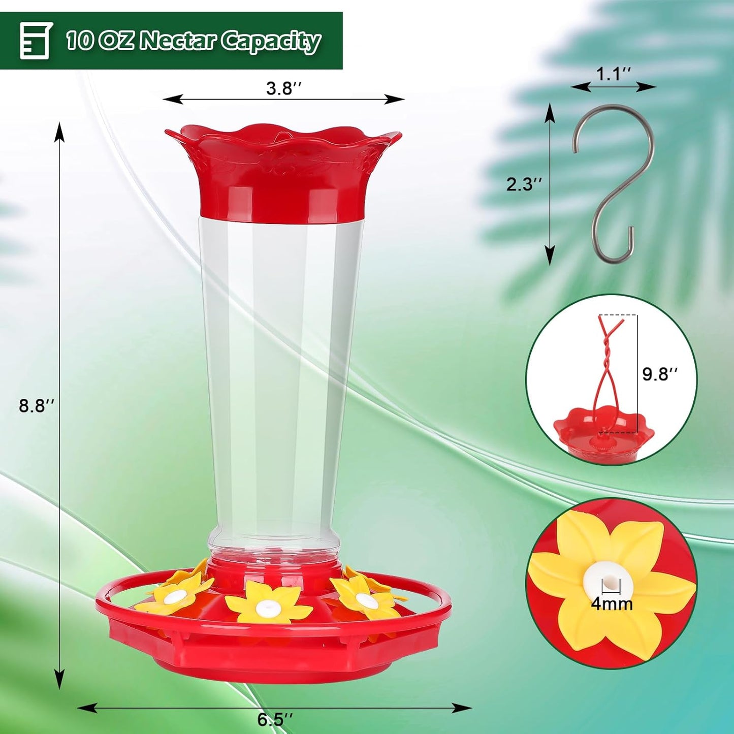 FEED GARDEN 10oz Plastic Hummingbird Feeders for Outdoors - 2 Pack, Ant & Bee Proof, 6 Feeding Ports, Easy Clean Red Nectar Feeders for Outside Hanging, Gifts for Mom