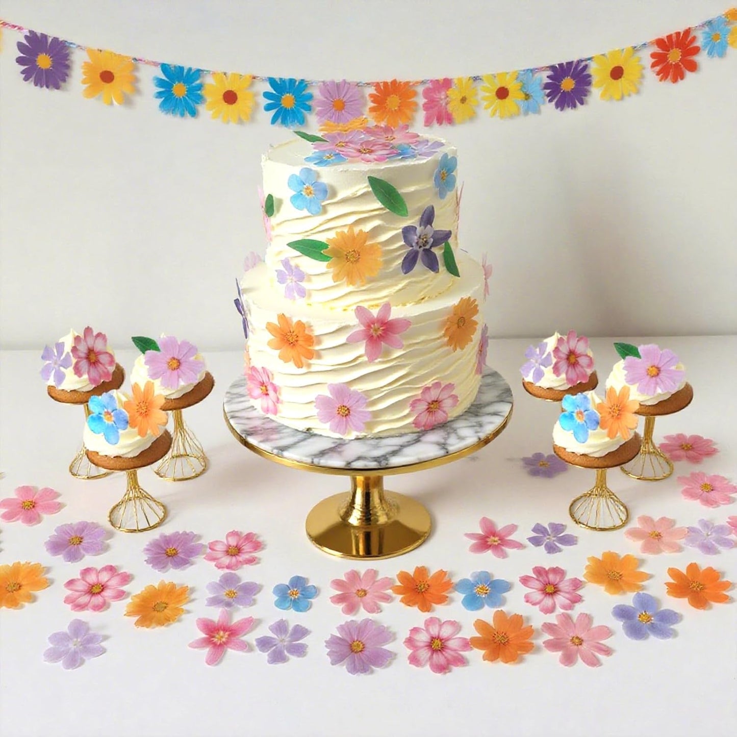 60 Pcs Edible Flowers Cupcake Toppers Cake Decorations Wafer Paper Hawaiian Flower Leaves Cake Decor for Wedding Birthday Parties