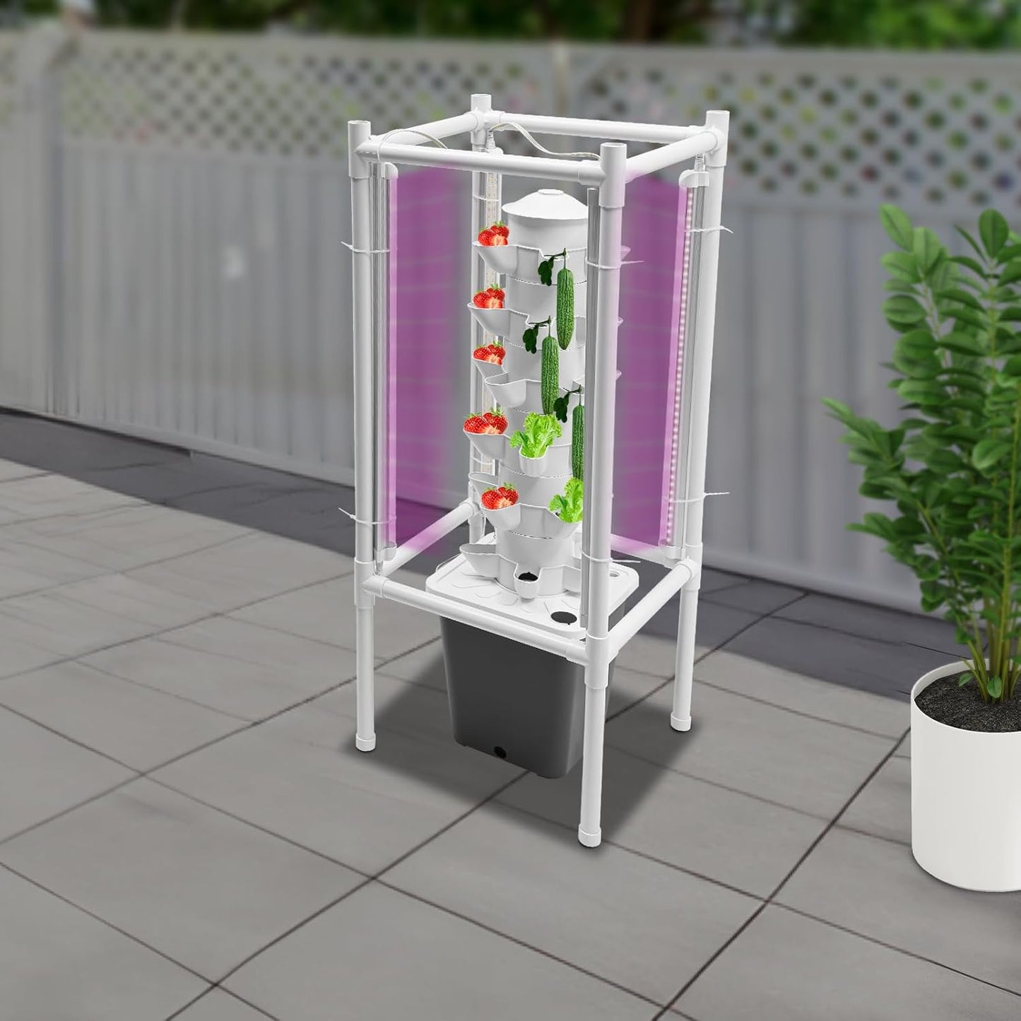 Hydroponics Tower Garden Vertical Growing System Kit, 30-Plant Indoor Gardening Planter Germination Kit with LED Grow Light & Water Pump for Herbs & Vegetables, 2.64Gal Grey Water Tank