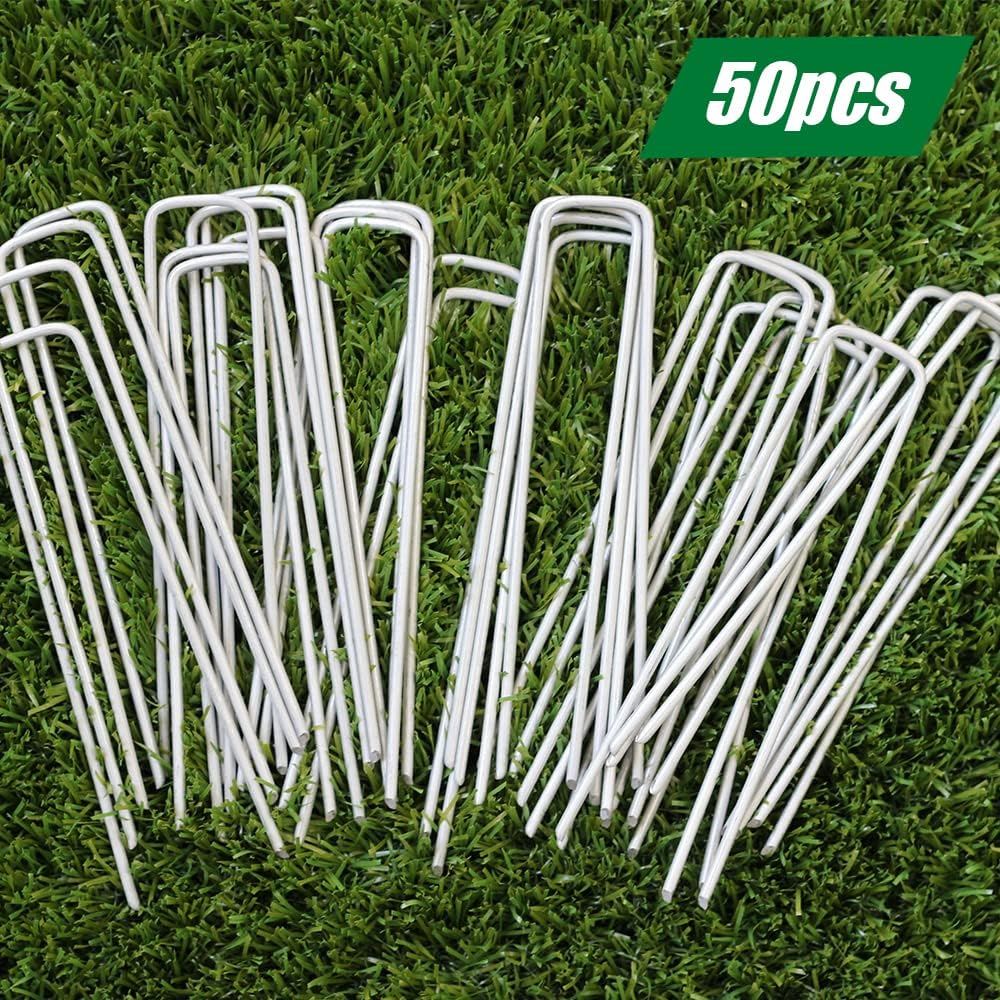 Landscape Staples 6 Inch 50 Pack Garden Stakes Galvanized Lawn Stake U-Type Turf Staples for Weed Barrier Fabric Holding Fence Rust Proof Sod Pins Stakes for Securing Netting Ground Sheets