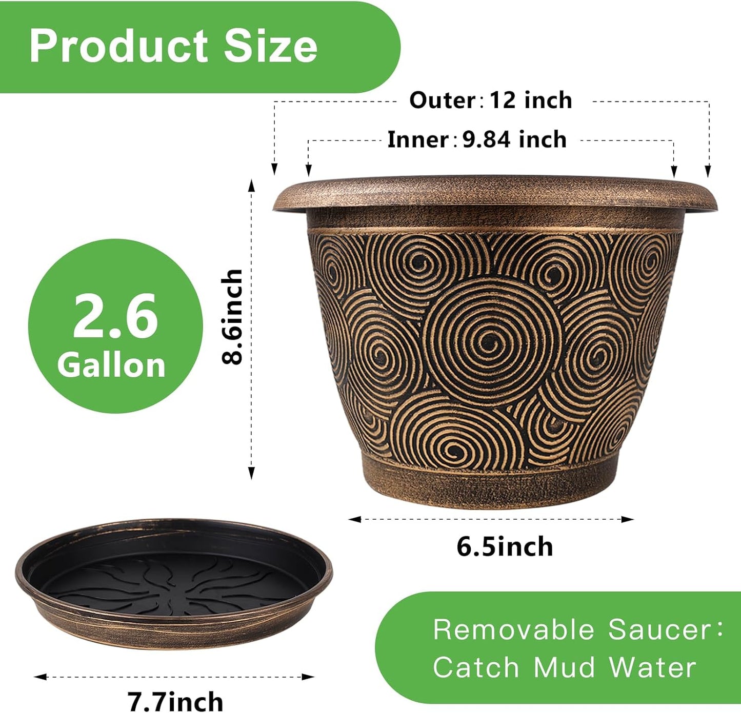 12 Inch Large Planter Pot for Plants Indoor Outdoor, 4 Pack Plastic Flower Pots with Drainage Hole & Tray, Modern Decorative Garden Pot with Saucer, Plant Container for House