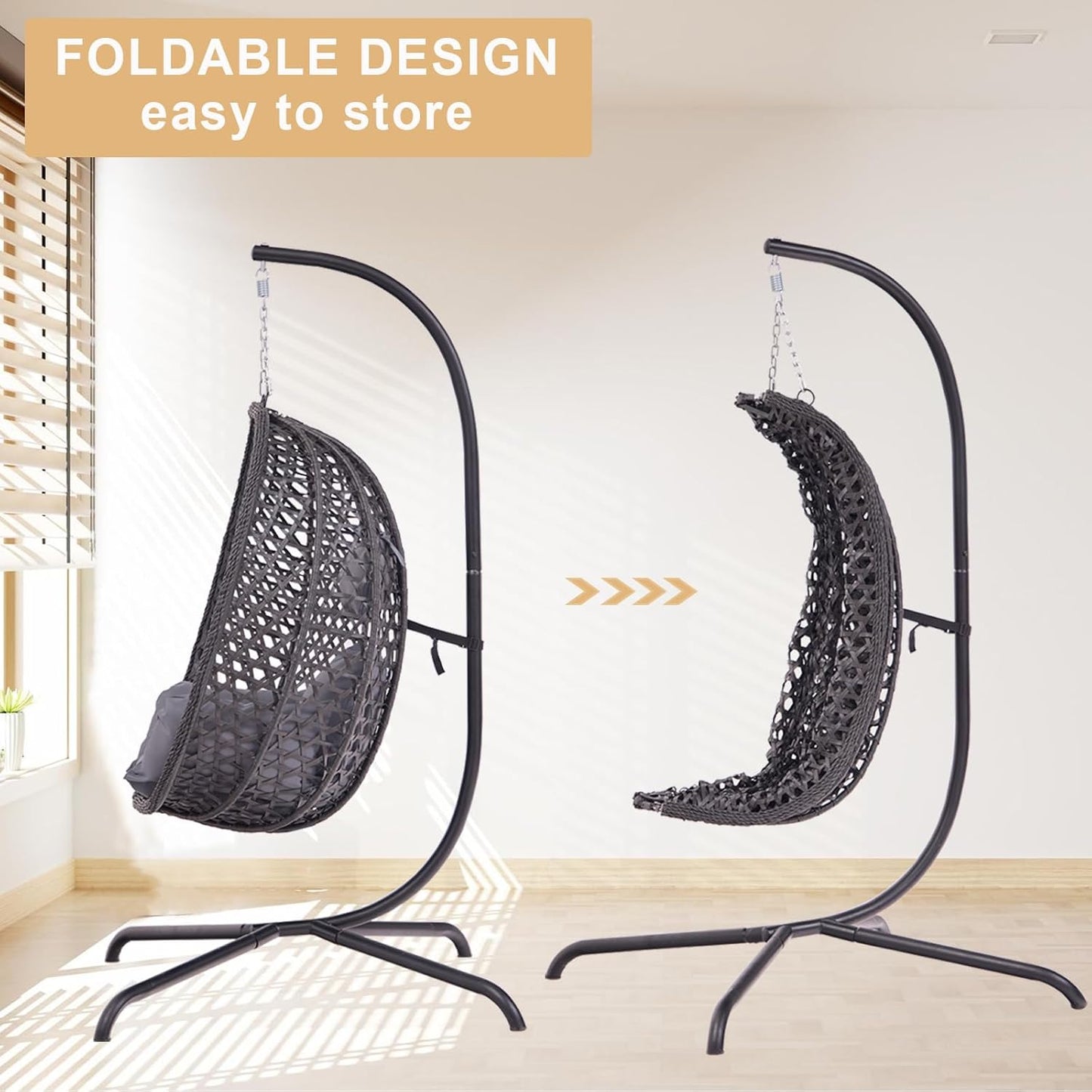 Indoor Hanging Chair with Stand for Bedroom, Hexagon Rattan Wicker Swing Egg Chair for Bedroom Porch Garden Patio Outdoor, Hammock Egg Swing Chair with Cushion,350LBS Capacity(Dark Grey)