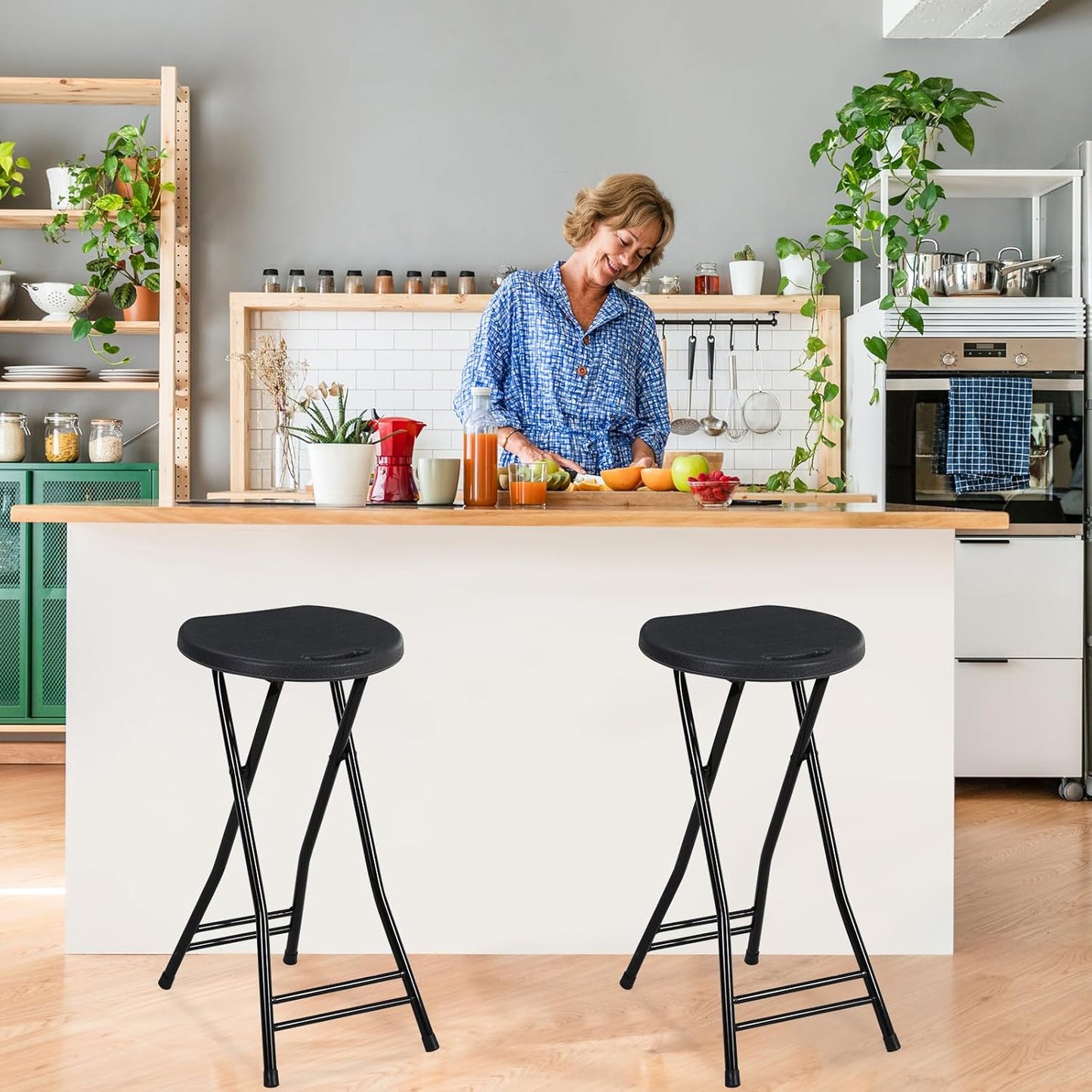Suzile 2 Pcs 24 Inch Tall Folding Chair Portable Plastic Stool Chair Heavy Duty Foldable Bar Stools with Handle for Adults Kitchen Counter Room Home Camping Indoor Outdoor, 300lbs Capacity (Black)