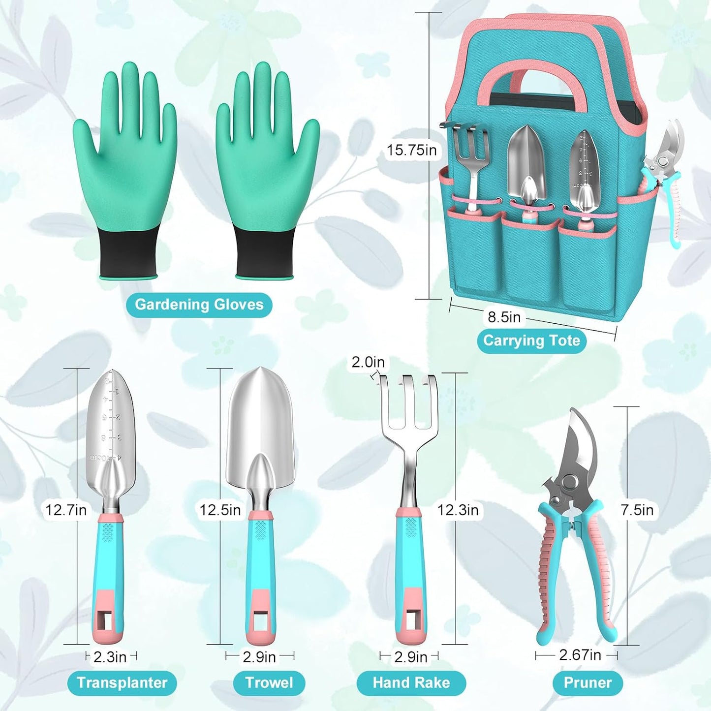 6 Pcs Garden Tool Set, Gardening Hand Tools Aluminum Alloy Starter Kit with Garden Bag, Heavy Duty Outdoor Tool Set with Ergonomic Handle, Gardening Gifts (No Flower Pattern)