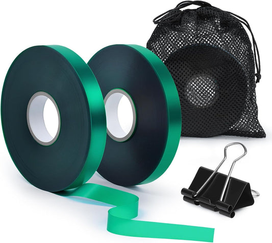 2 Rolls Plant Tie Tape, 0.5 in × 197 ft Each (394 ft Total) – Soft Stretch PVC Garden Ties, Reusable Non-Adhesive, with Binder Clip & Mesh Storage Bag for Tomato, Vine, Flower & Tree Suppor