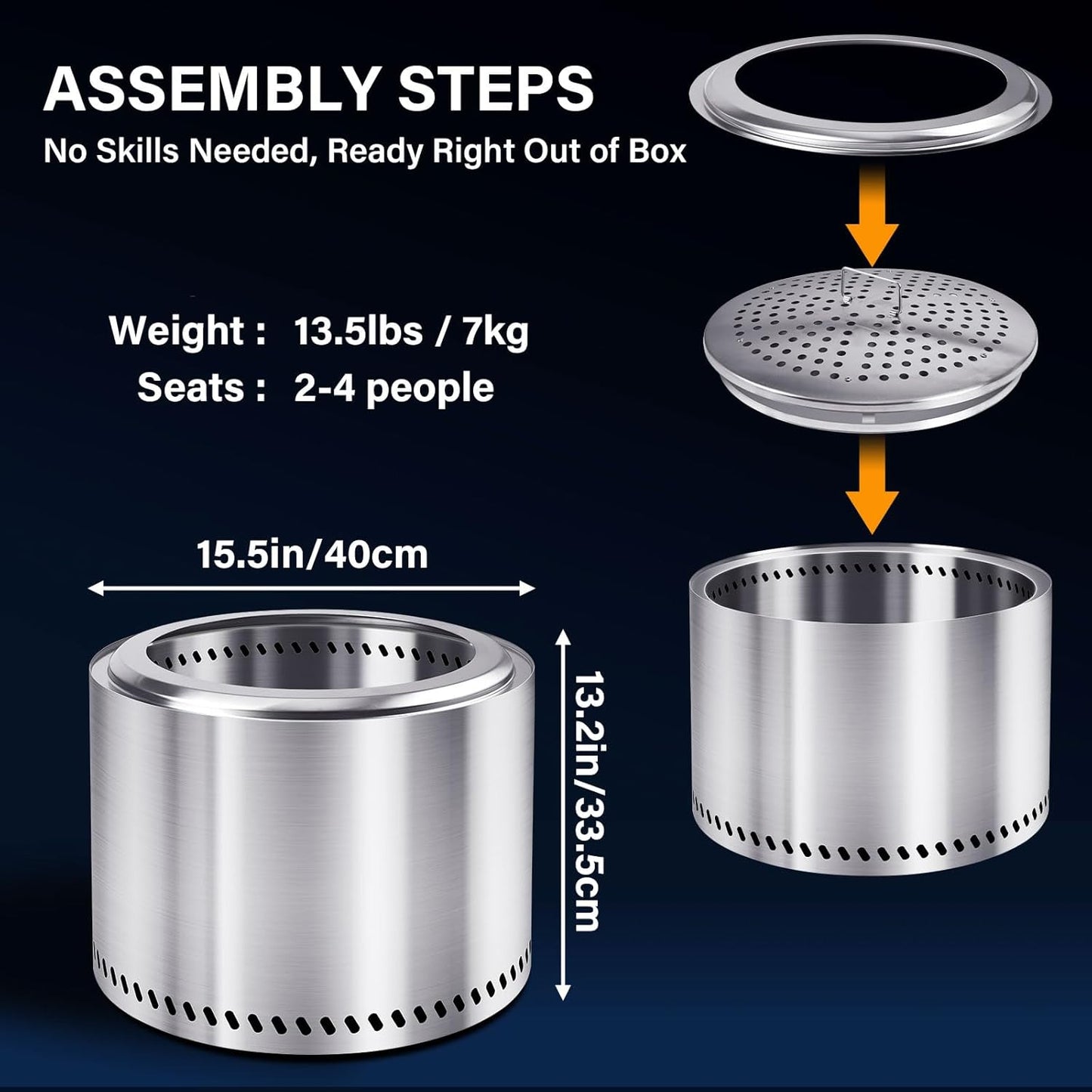 HGD 15.5" Smokeless Fire Pit Outdoor, Stainless Steel Wood Burning Firepit with Secondary Combustion, Backyard Patio Stove for Garden, BBQ & Bonfire