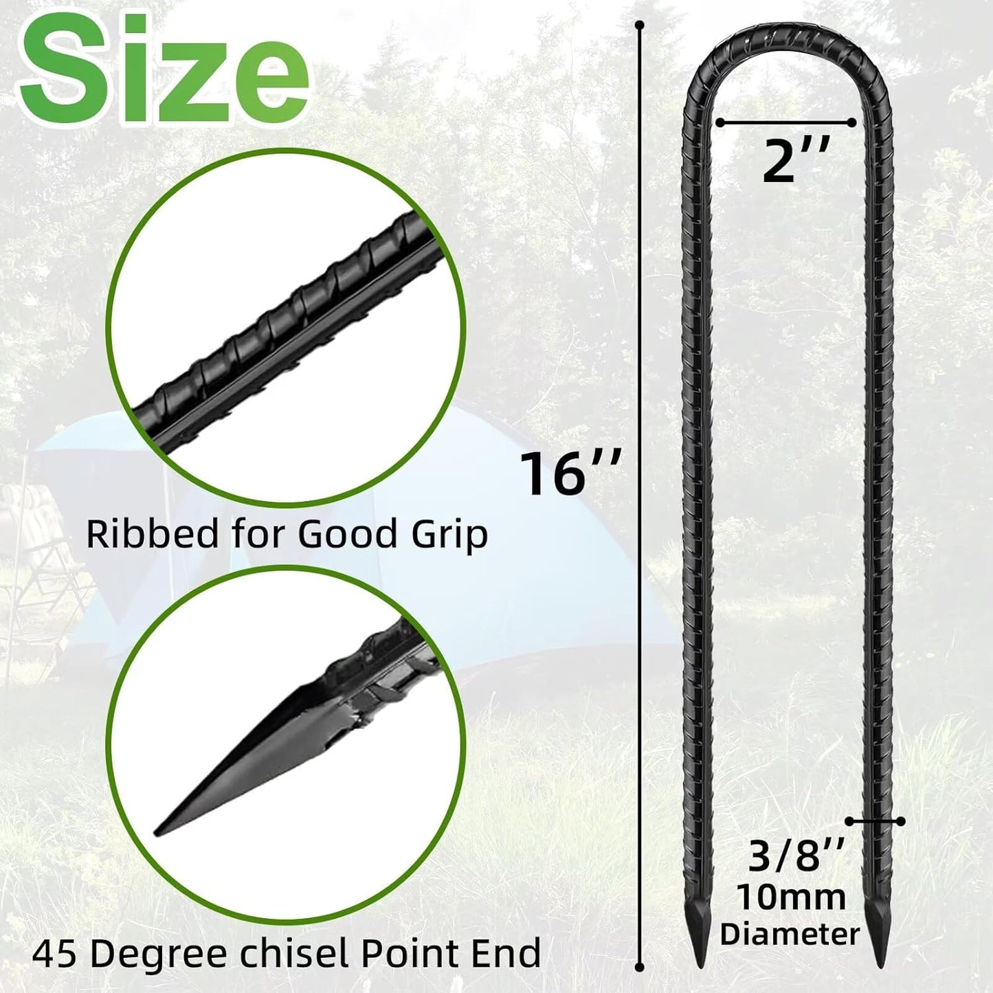 Black Trampoline Stakes Anchors High Wind 16inx10mm Galvanized U Hook 6pcs Rebar Stakes – Heavy Duty Ground Anchors for Trampoline,Yard & Inflatable,Landscape Metal Stakes for Outdoor Decorations